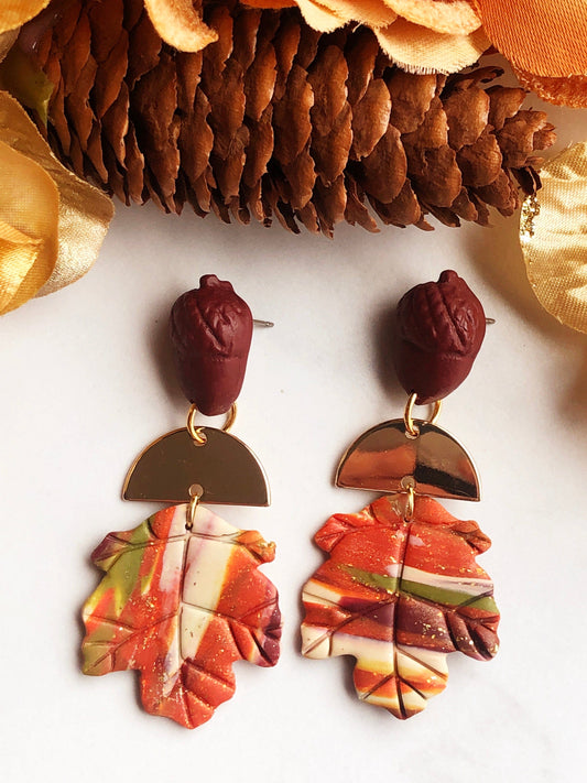 Earrings Gaia - Acorn Studs with Gold Half Circle & Marbled Clay Maple Leaves