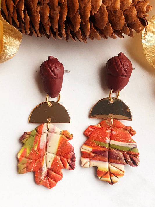 Earrings Gaia - Acorn Studs with Gold Half Circle & Marbled Clay Maple Leaves