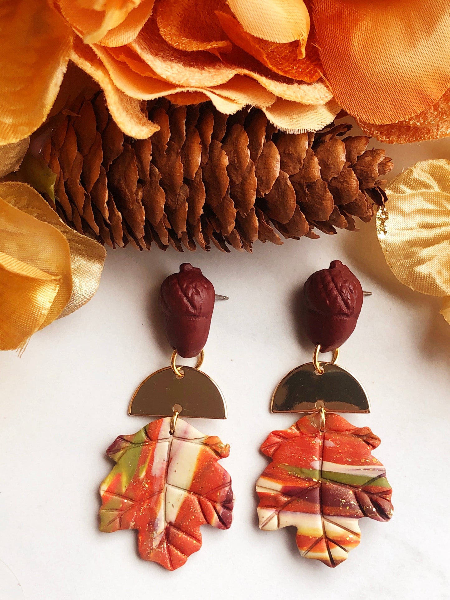 Earrings Gaia - Acorn Studs with Gold Half Circle & Marbled Clay Maple Leaves
