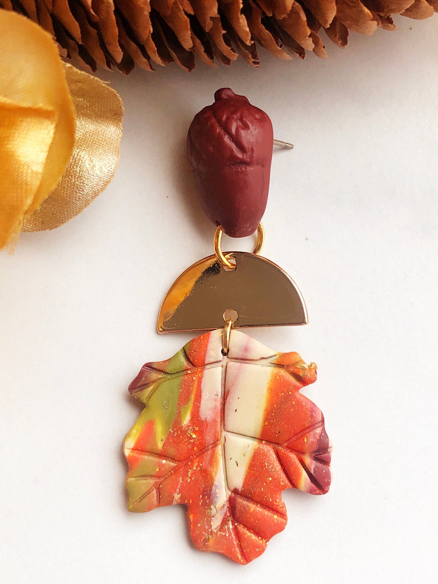 Earrings Gaia - Acorn Studs with Gold Half Circle & Marbled Clay Maple Leaves