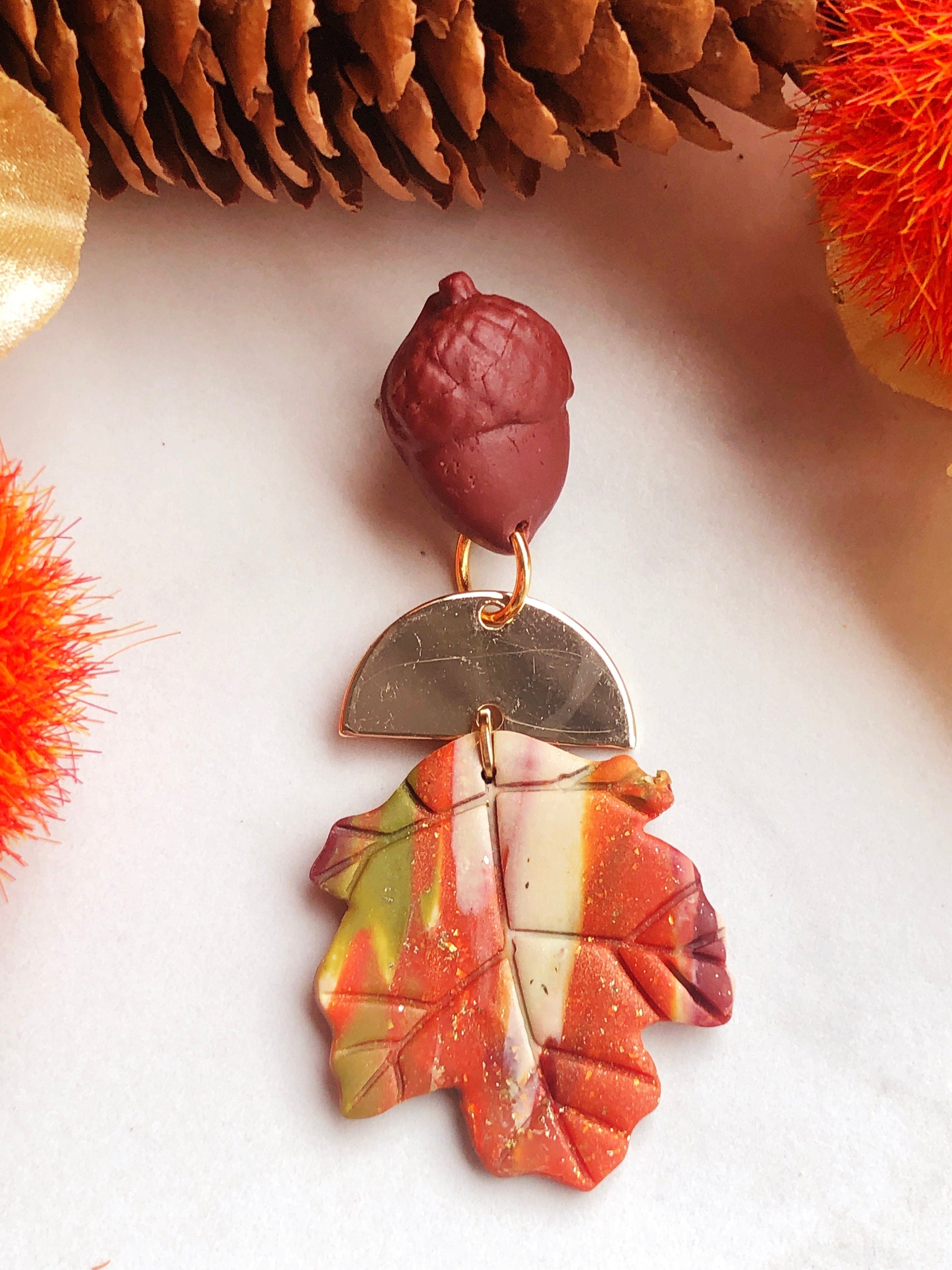 Earrings Gaia - Acorn Studs with Gold Half Circle & Marbled Clay Maple Leaves