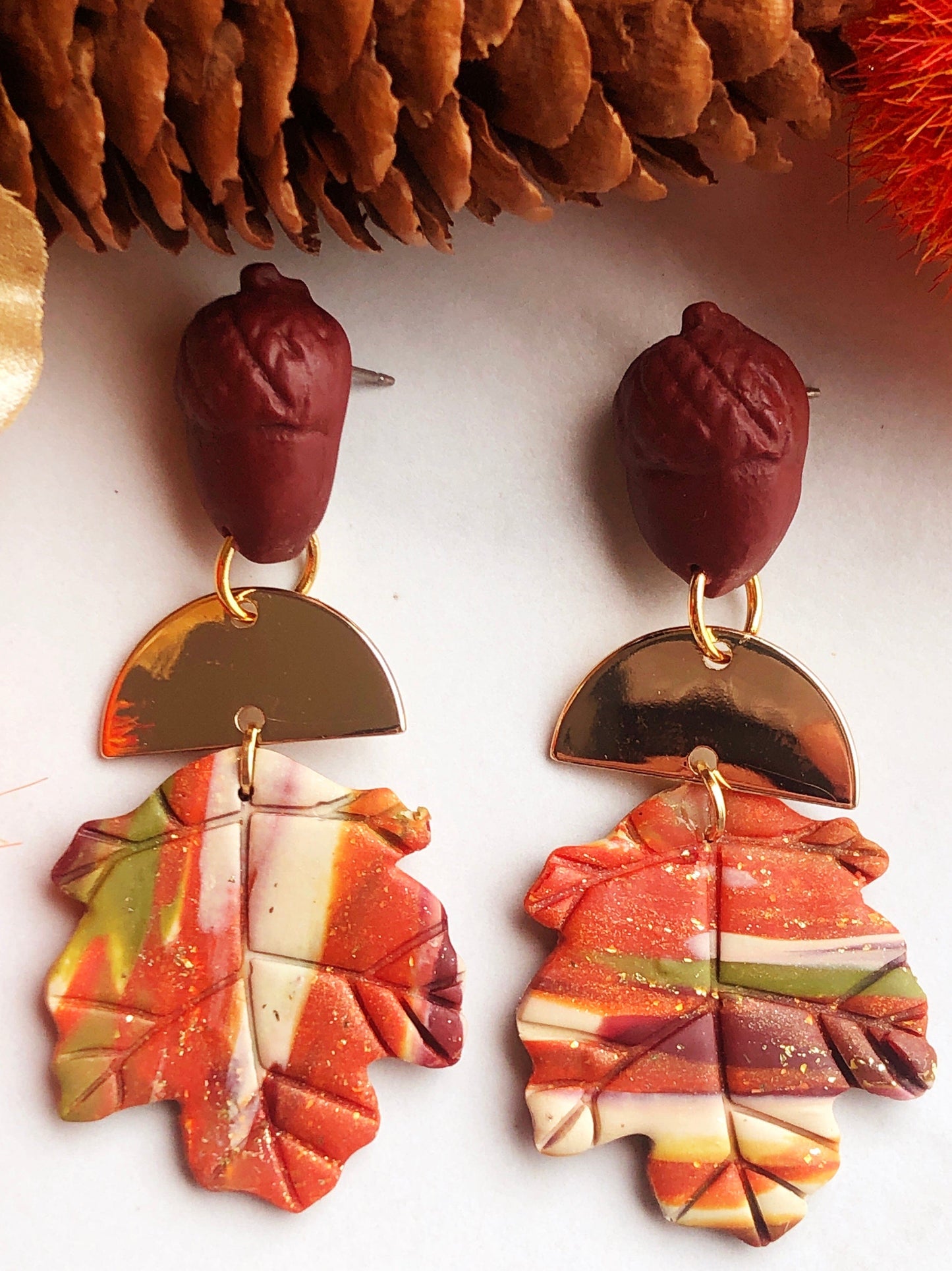 Earrings Gaia - Acorn Studs with Gold Half Circle & Marbled Clay Maple Leaves