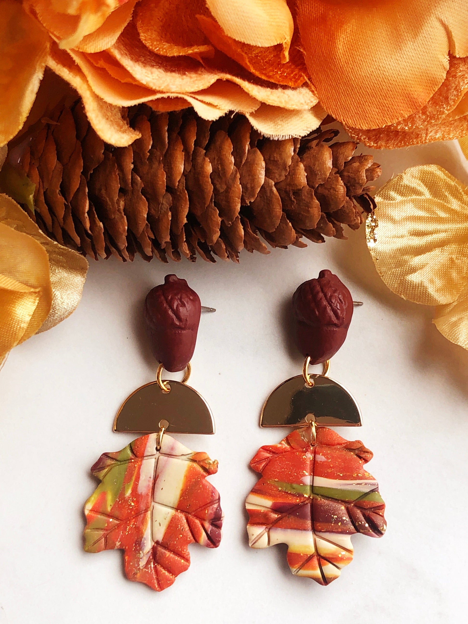 Earrings Gaia - Acorn Studs with Gold Half Circle & Marbled Clay Maple Leaves