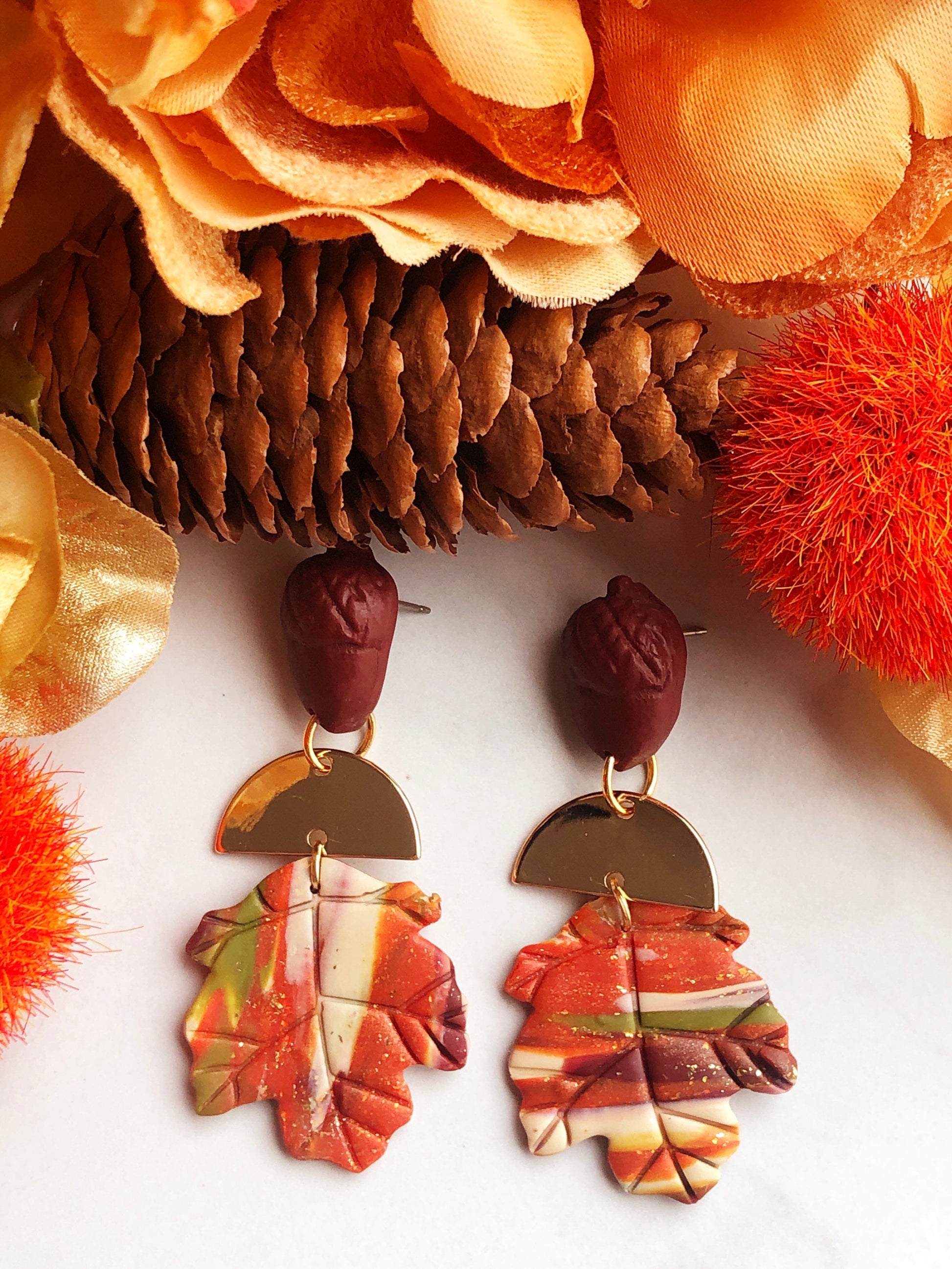 Earrings Gaia - Acorn Studs with Gold Half Circle & Marbled Clay Maple Leaves
