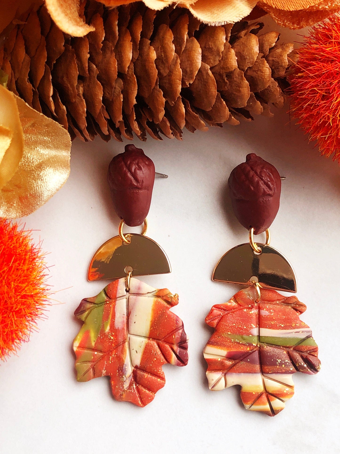 Earrings Gaia - Acorn Studs with Gold Half Circle & Marbled Clay Maple Leaves