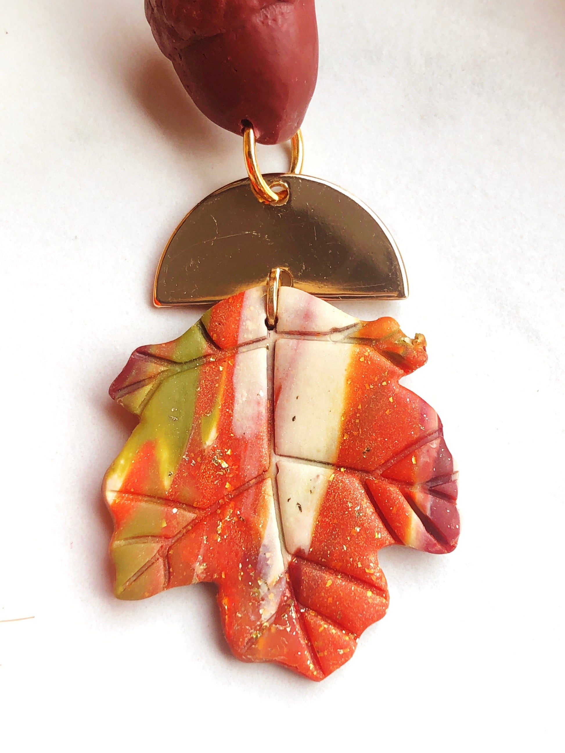 Earrings Gaia - Acorn Studs with Gold Half Circle & Marbled Clay Maple Leaves