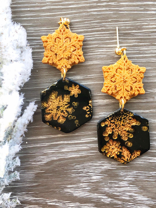 Earrings Gloria - Gold Snowflake & Black Hexagon Embossed Gold Snowflake Earrings