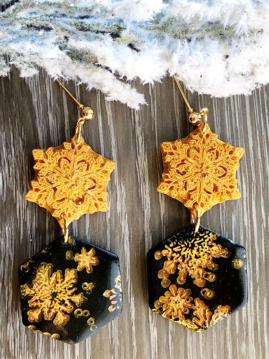 Earrings Gloria - Gold Snowflake & Black Hexagon Embossed Gold Snowflake Earrings