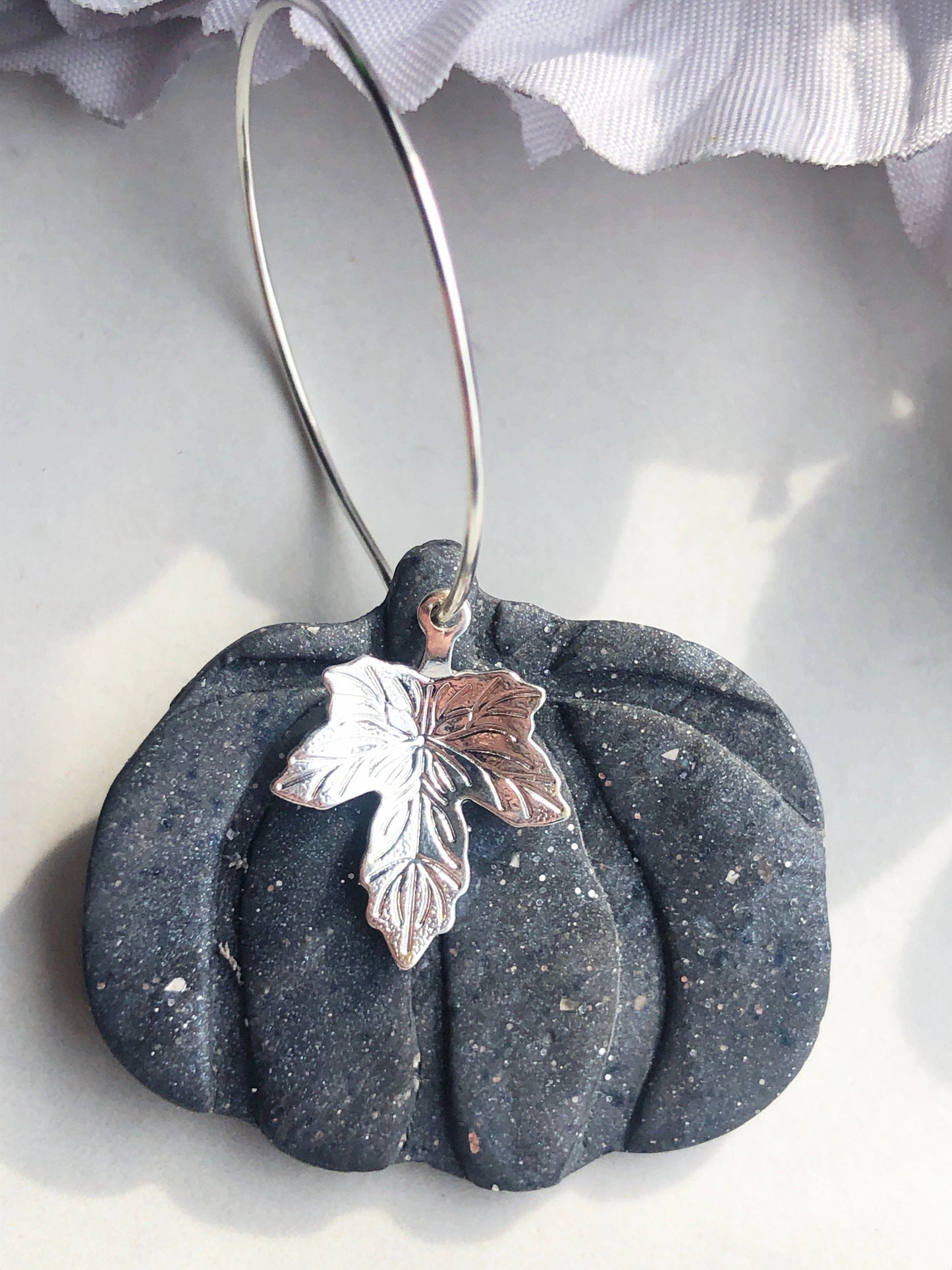 Earrings Harlow - Grey Pumpkin with Silver Maple Leaf Hoop Earrings