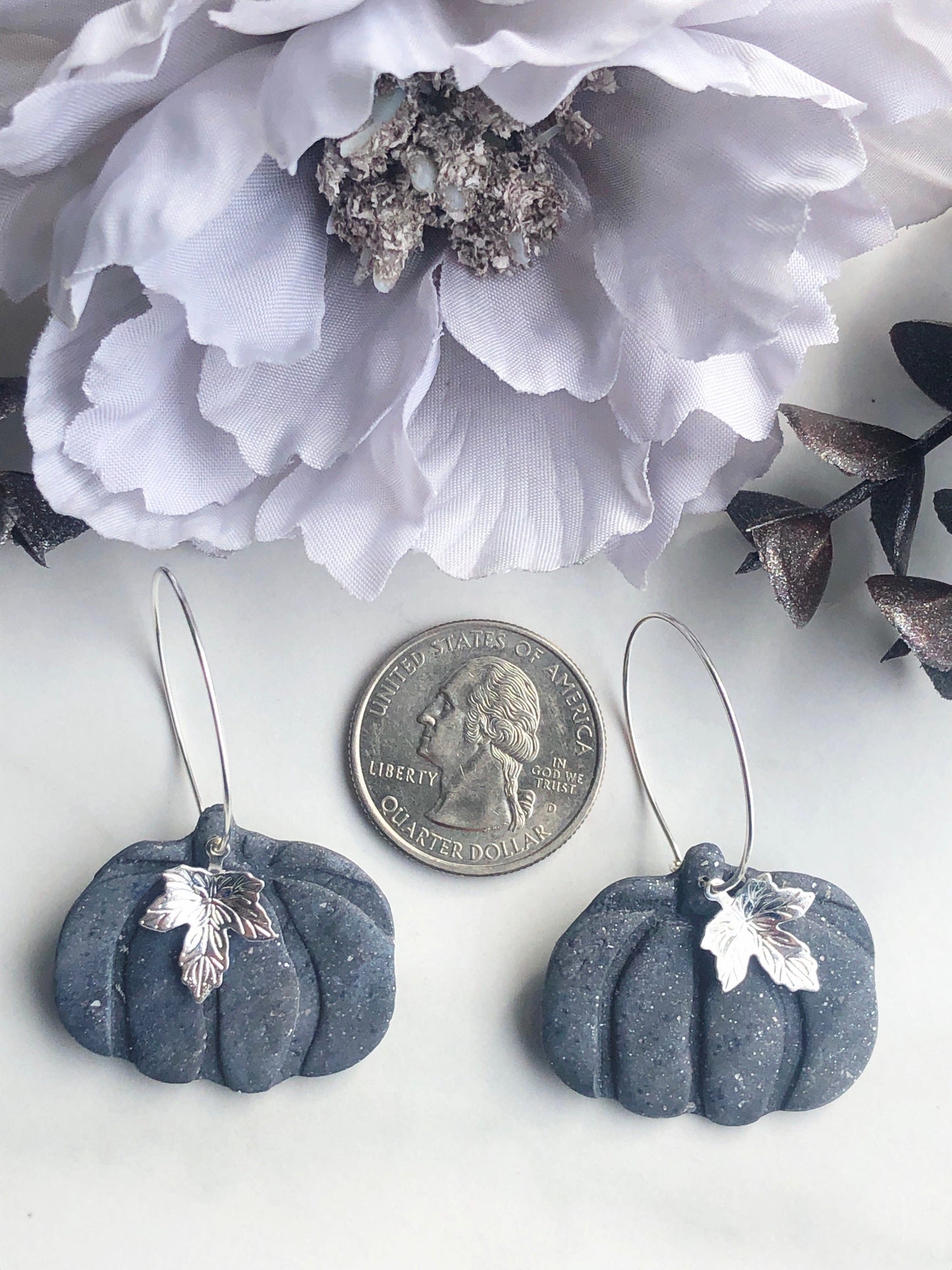 Earrings Harlow - Grey Pumpkin with Silver Maple Leaf Hoop Earrings