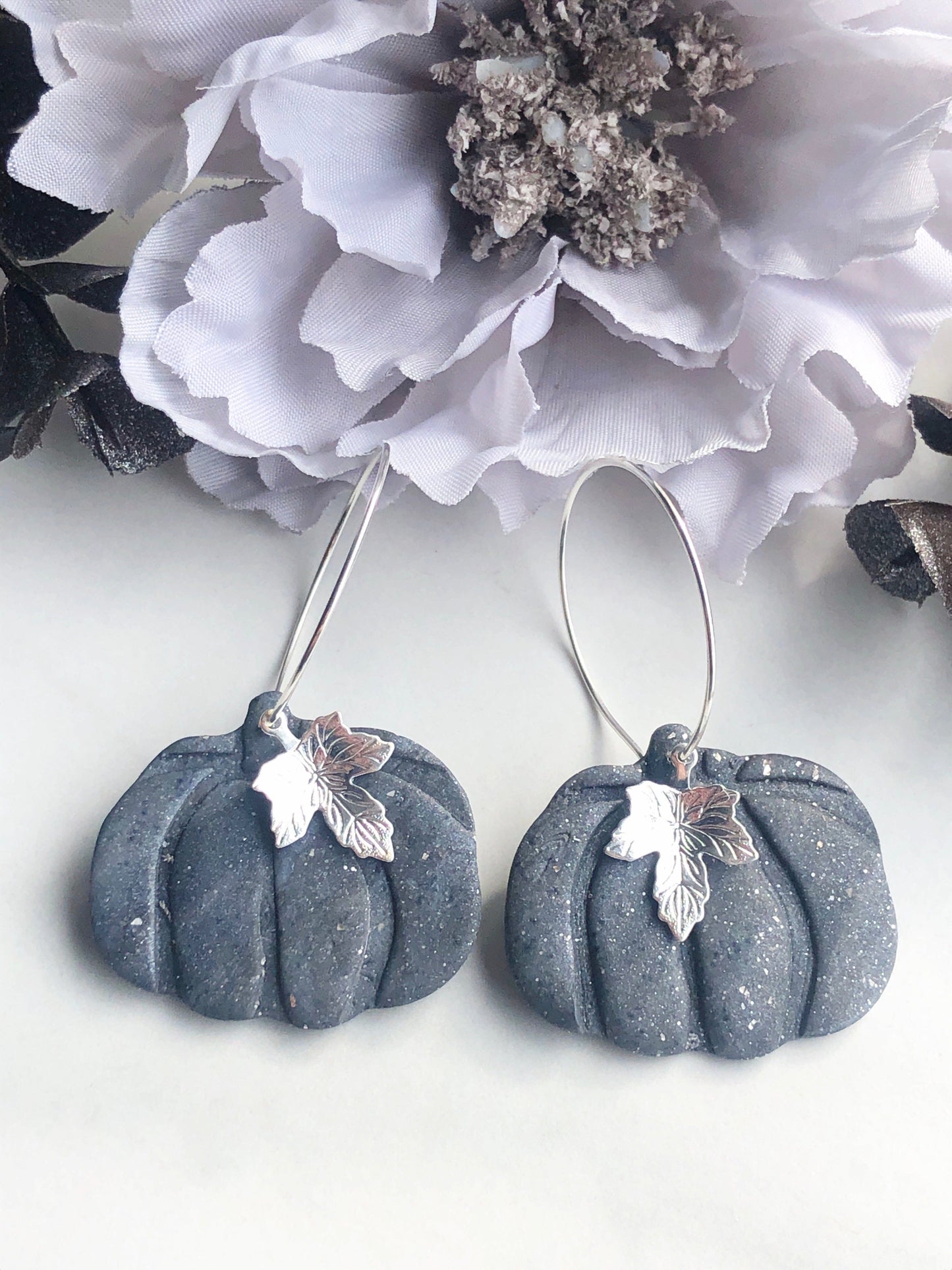 Earrings Harlow - Grey Pumpkin with Silver Maple Leaf Hoop Earrings