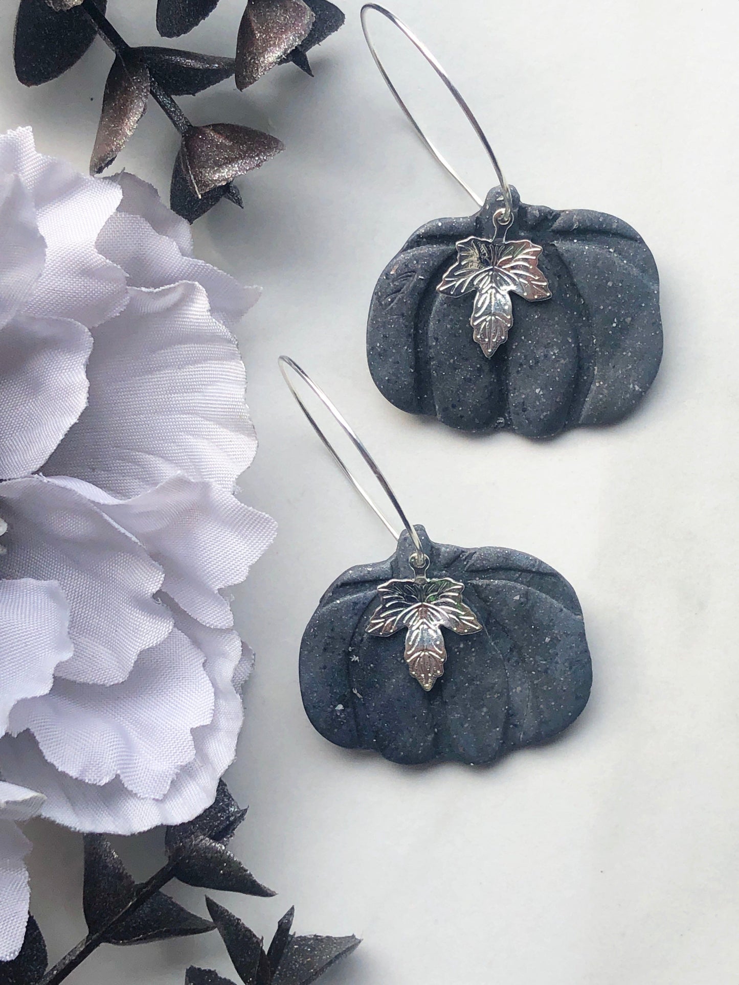 Earrings Harlow - Grey Pumpkin with Silver Maple Leaf Hoop Earrings