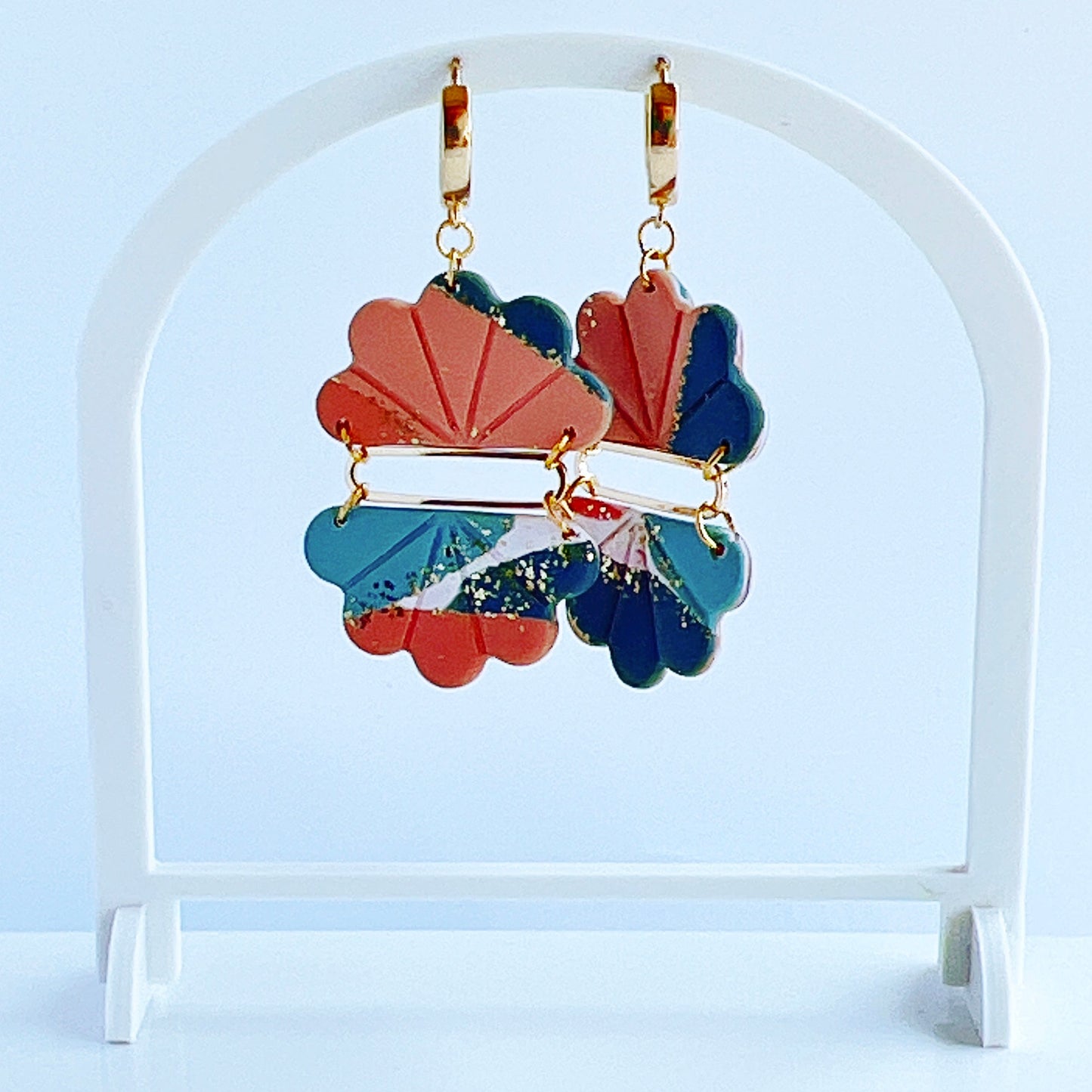 Earrings Melani - Cloud Shapes with 18K Gold Oval Center & 18K Gold Round Leverback Hoops