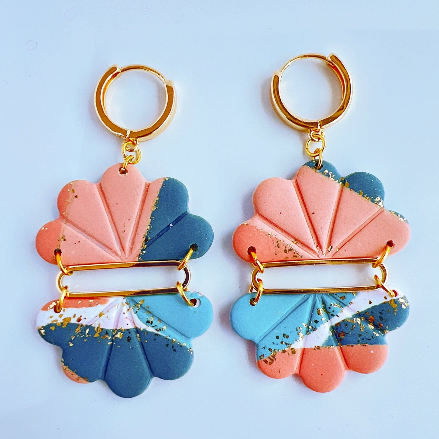 Earrings Melani - Cloud Shapes with 18K Gold Oval Center & 18K Gold Round Leverback Hoops