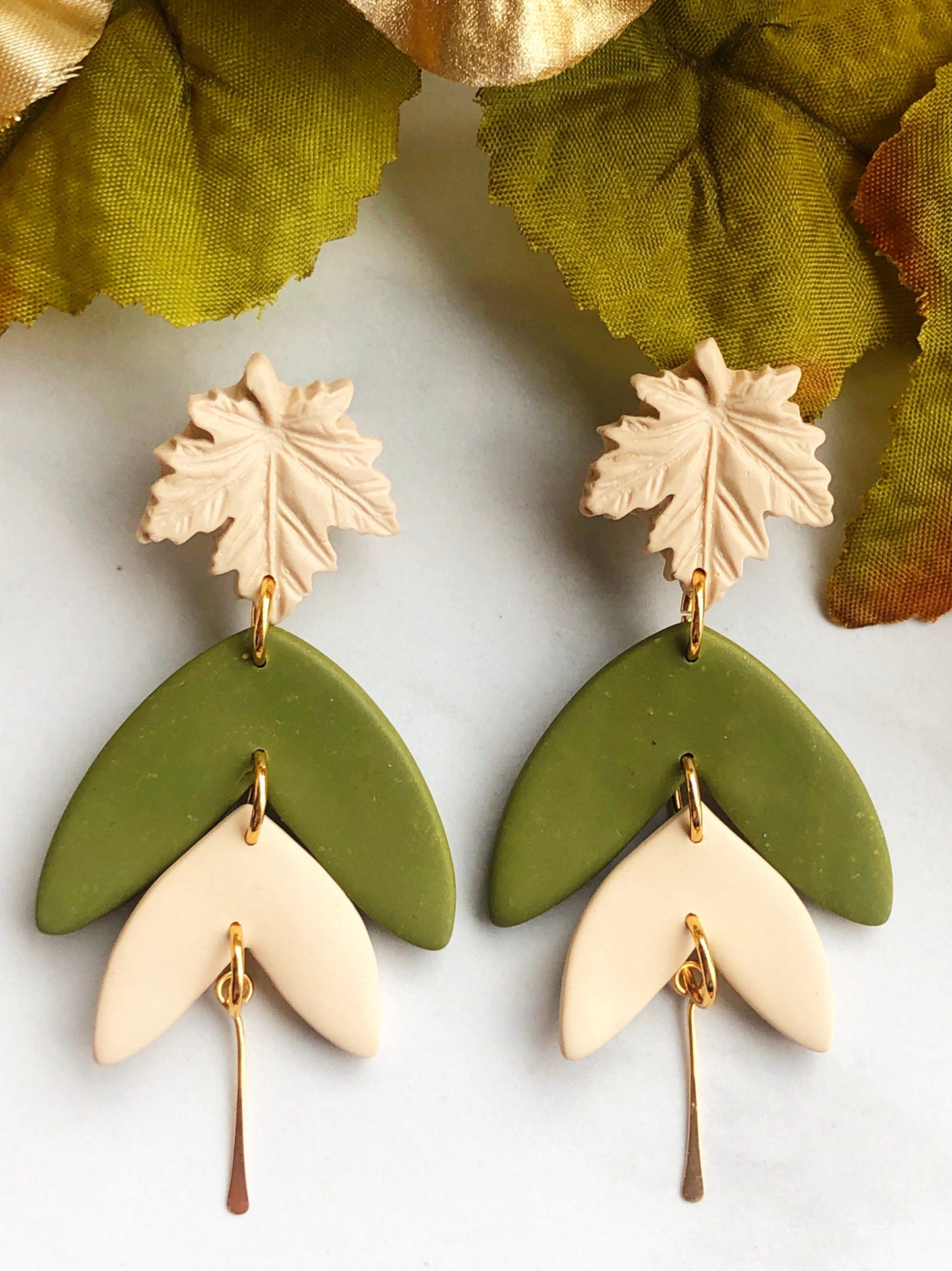 Earrings Olive - Cream Maple Leaf Stud Earrings with Olive/Cream Leaf Shapes