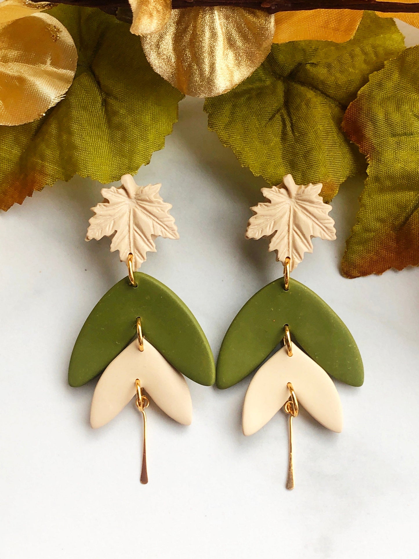 Earrings Olive - Cream Maple Leaf Stud Earrings with Olive/Cream Leaf Shapes