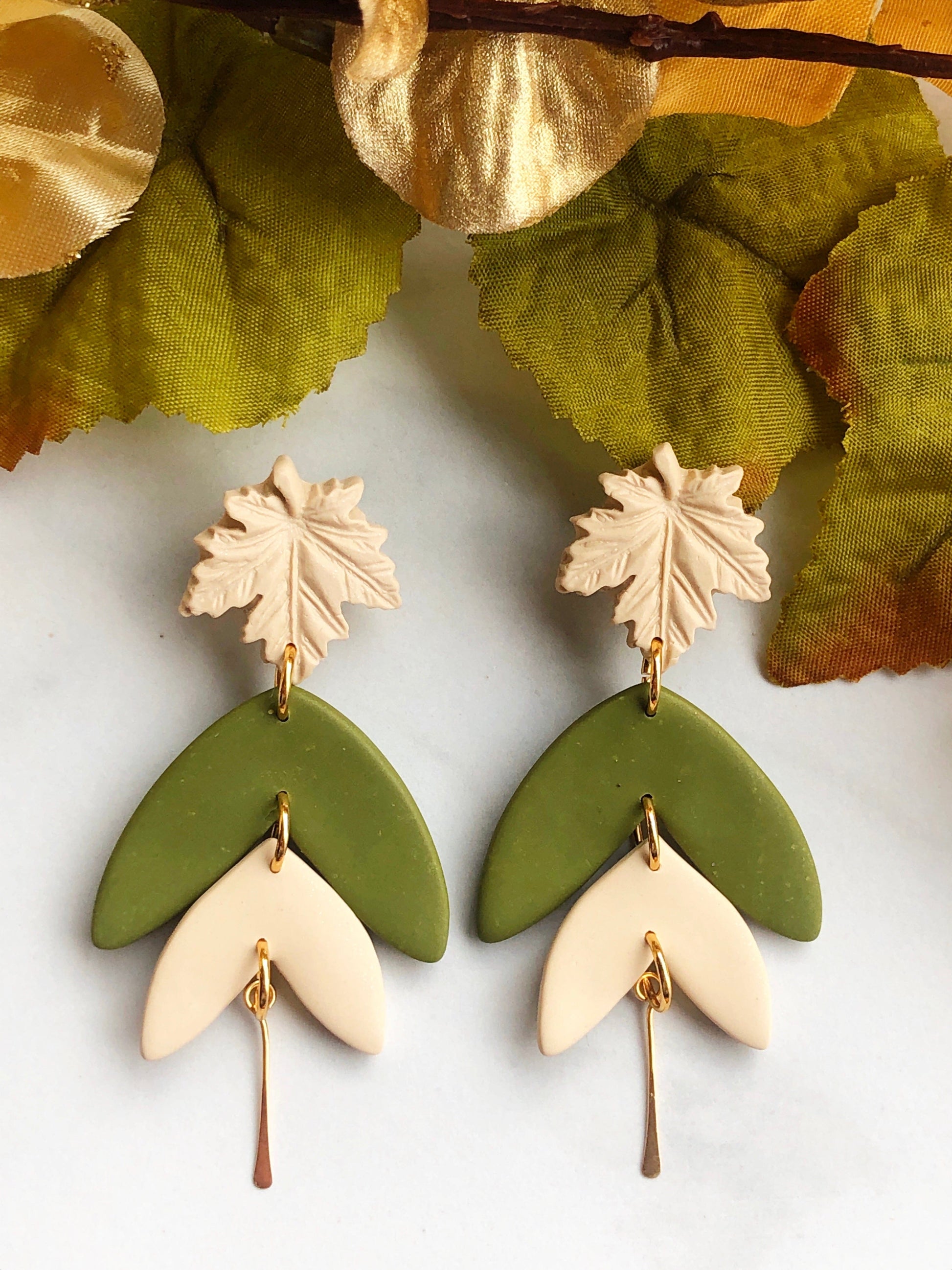 Earrings Olive - Cream Maple Leaf Stud Earrings with Olive/Cream Leaf Shapes
