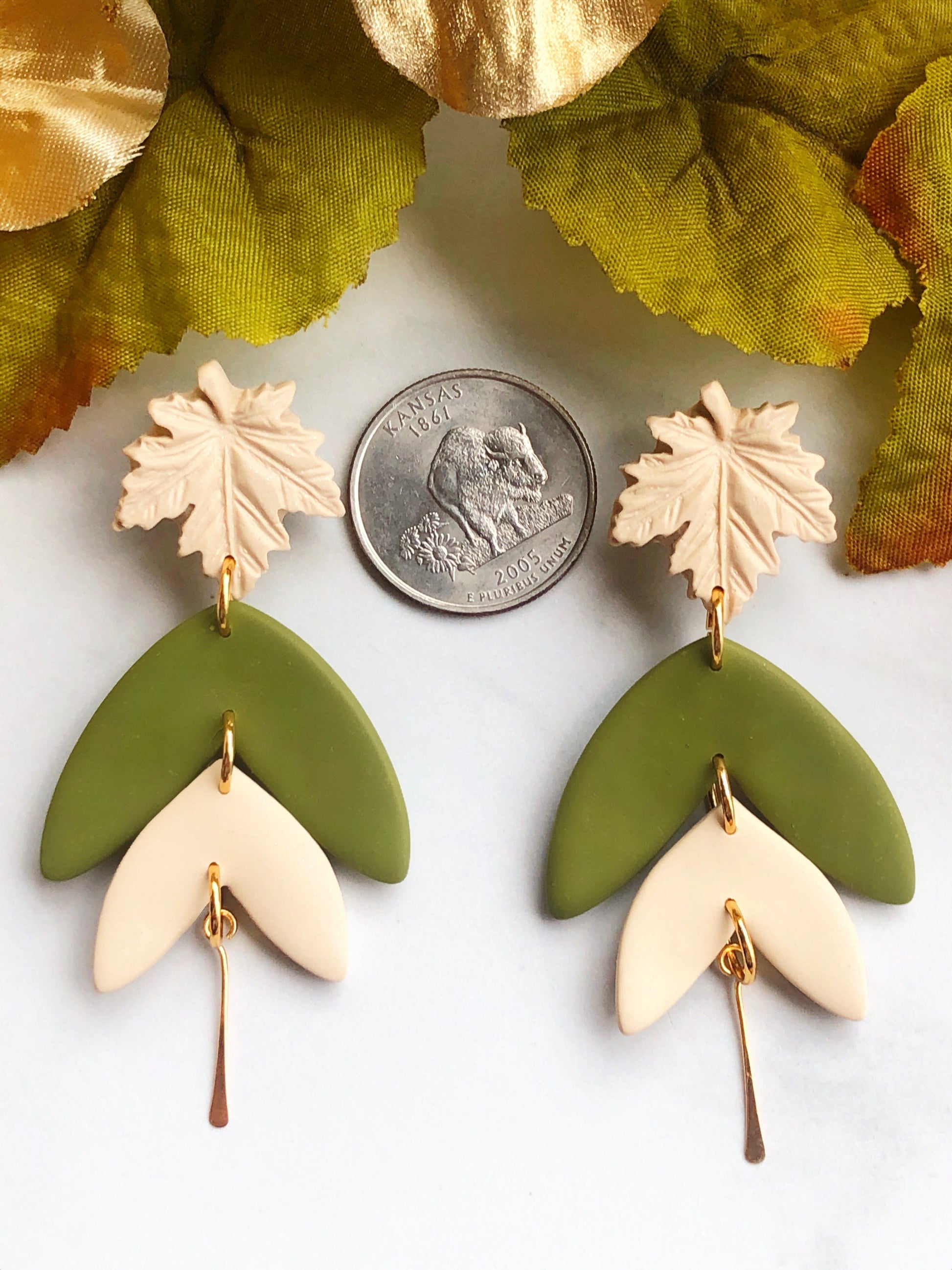 Earrings Olive - Cream Maple Leaf Stud Earrings with Olive/Cream Leaf Shapes
