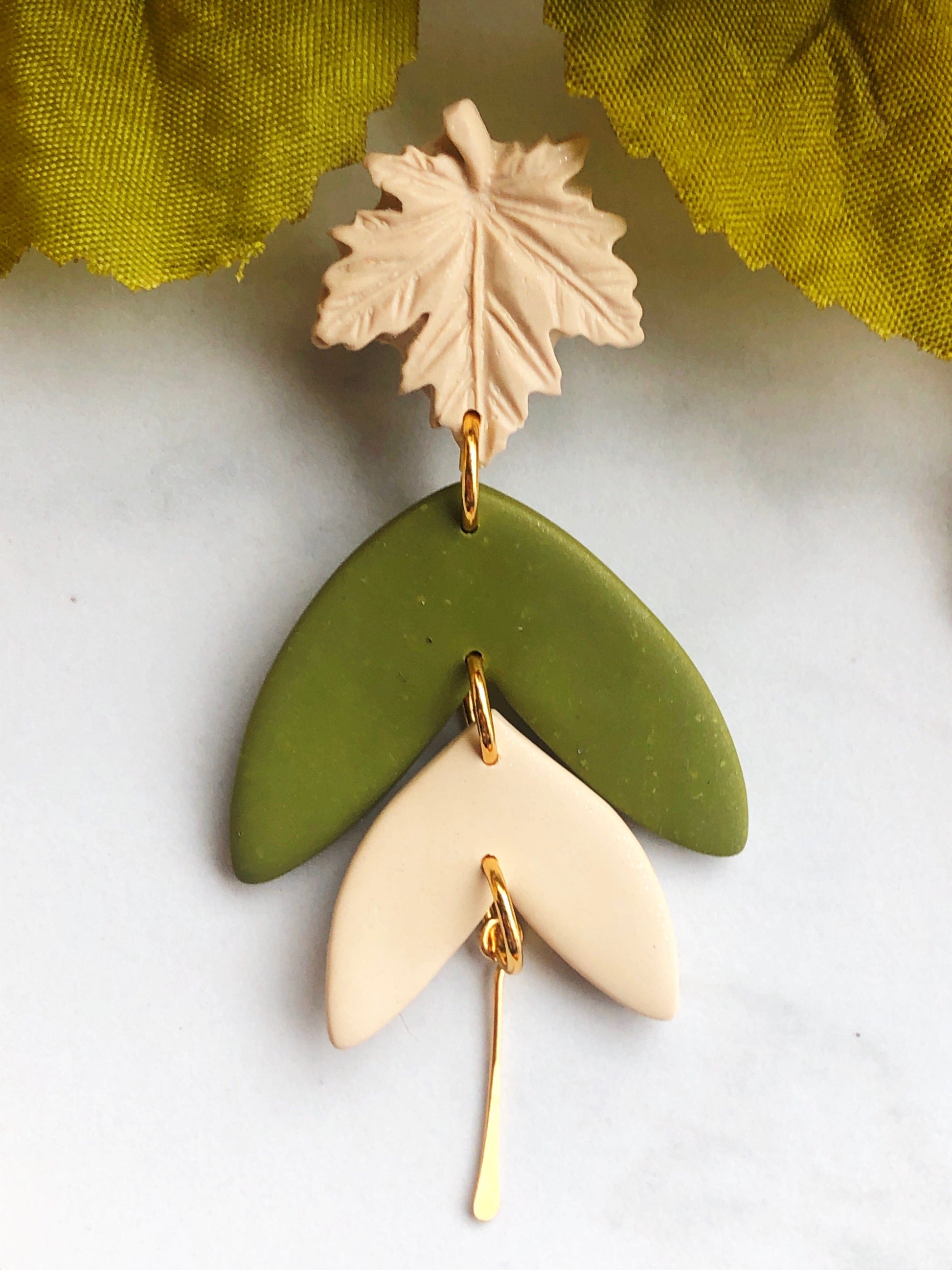 Earrings Olive - Cream Maple Leaf Stud Earrings with Olive/Cream Leaf Shapes
