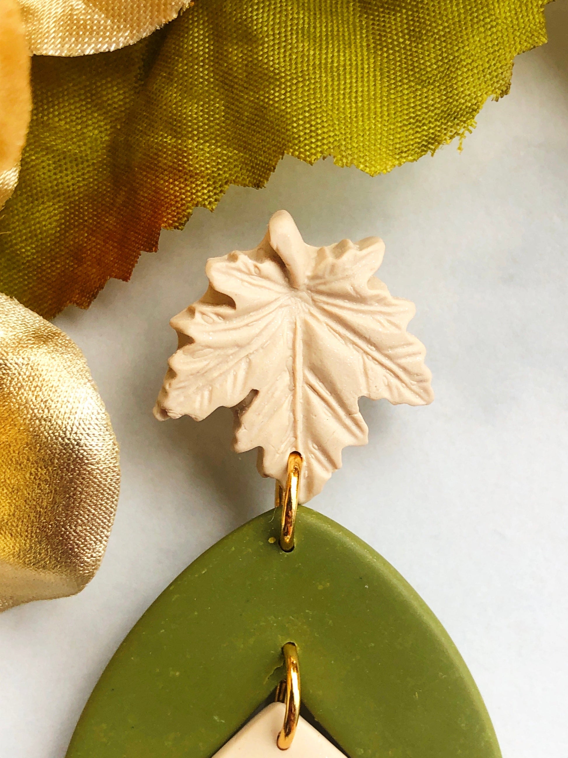 Earrings Olive - Cream Maple Leaf Stud Earrings with Olive/Cream Leaf Shapes