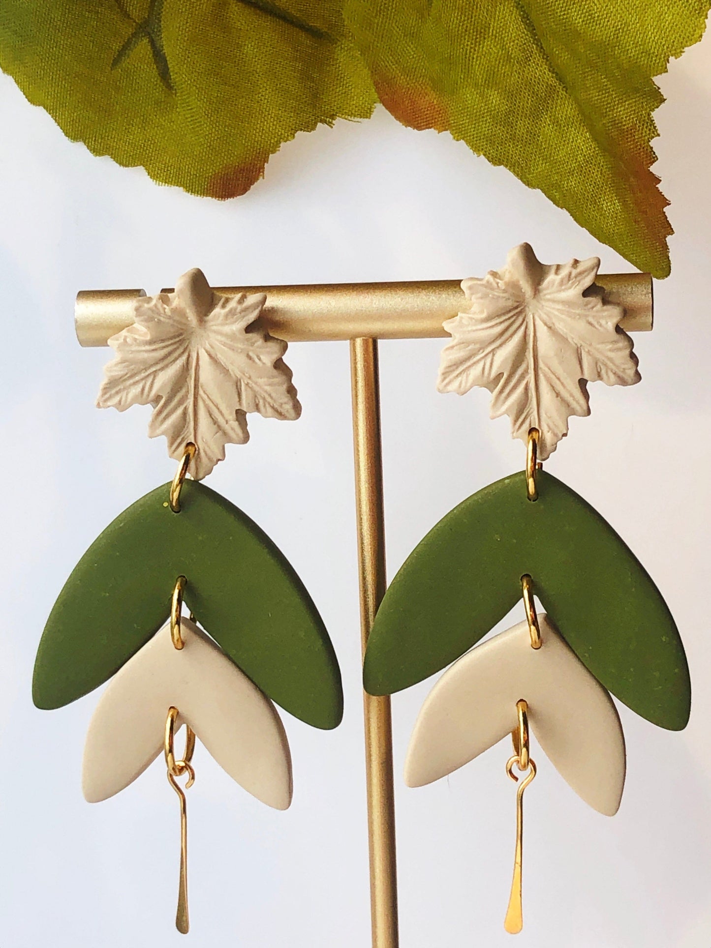 Earrings Olive - Cream Maple Leaf Stud Earrings with Olive/Cream Leaf Shapes