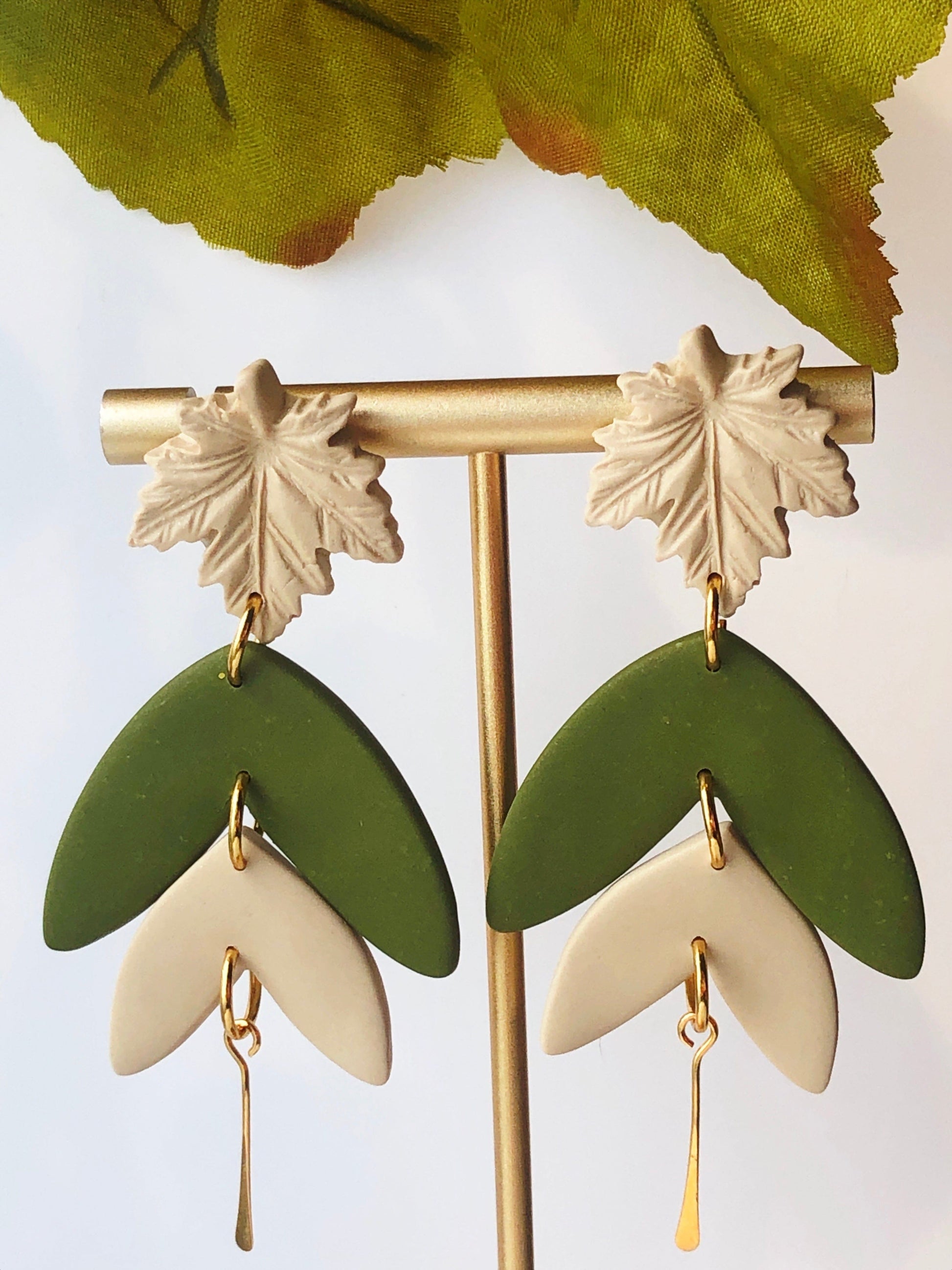 Earrings Olive - Cream Maple Leaf Stud Earrings with Olive/Cream Leaf Shapes