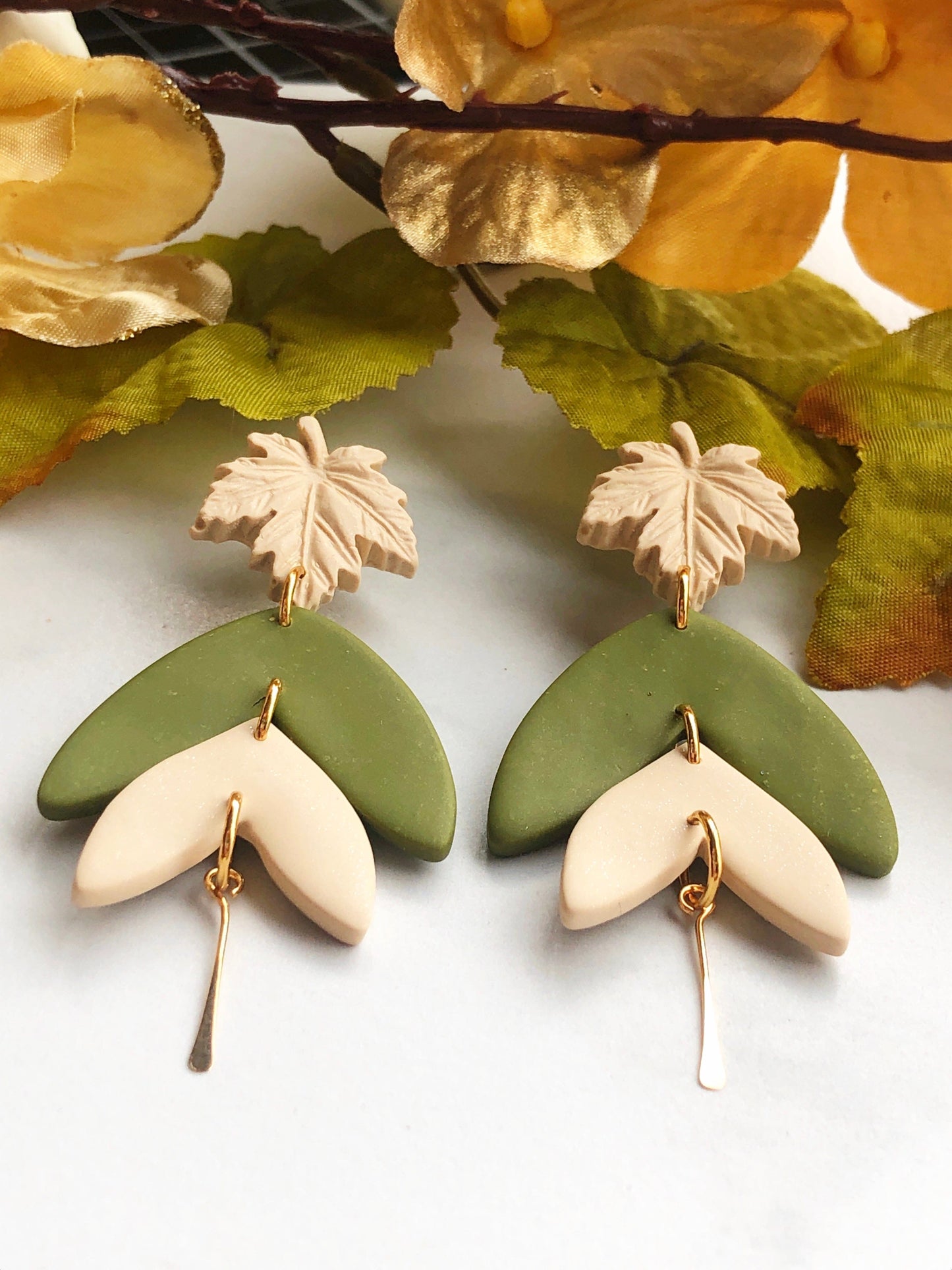 Earrings Olive - Cream Maple Leaf Stud Earrings with Olive/Cream Leaf Shapes
