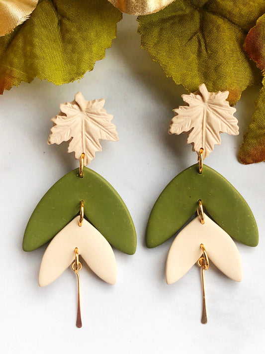 Earrings Olive - Cream Maple Leaf Stud Earrings with Olive/Cream Leaf Shapes