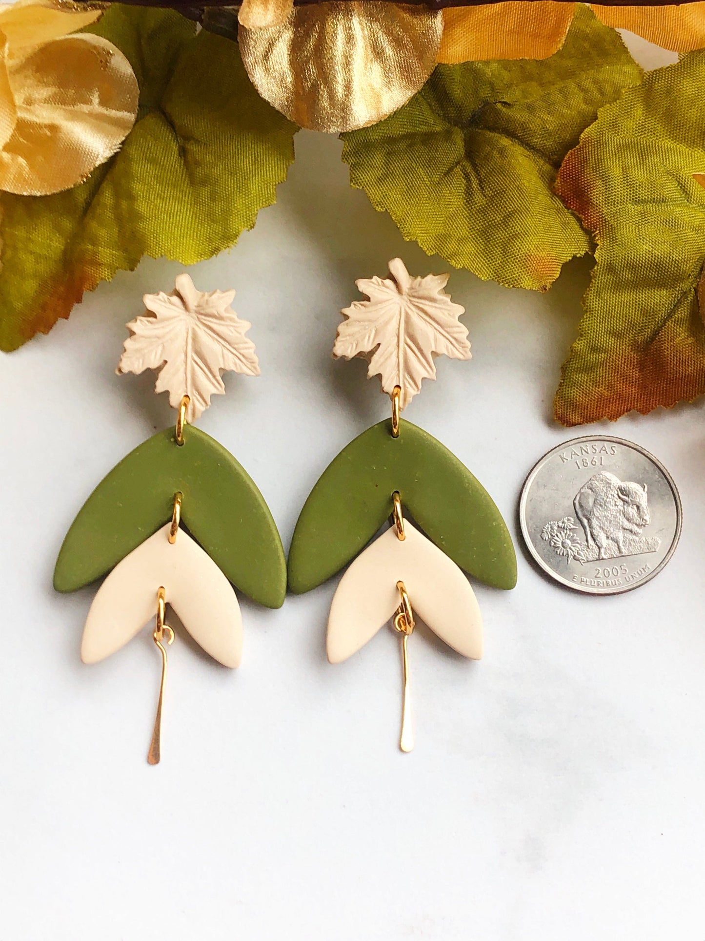 Earrings Olive - Cream Maple Leaf Stud Earrings with Olive/Cream Leaf Shapes
