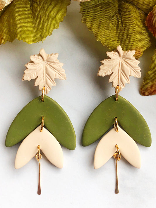 Earrings Olive - Cream Maple Leaf Stud Earrings with Olive/Cream Leaf Shapes