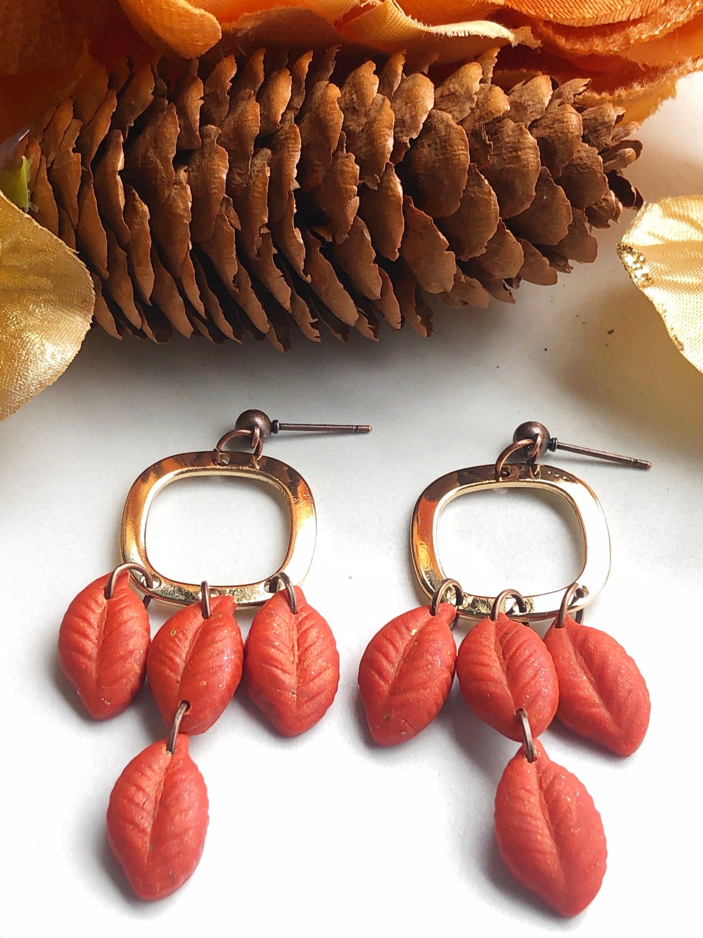 Earrings Saffron - Gold Square with Orange Leave Dangle Earrings