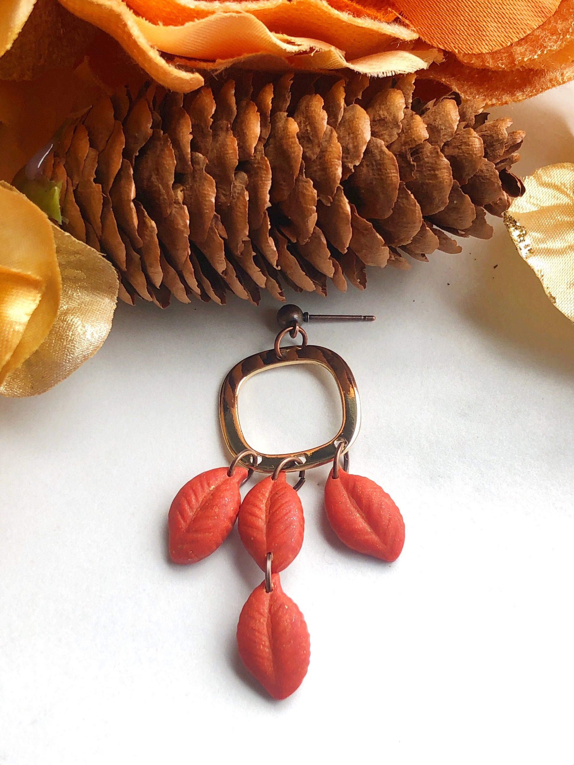 Earrings Saffron - Gold Square with Orange Leave Dangle Earrings