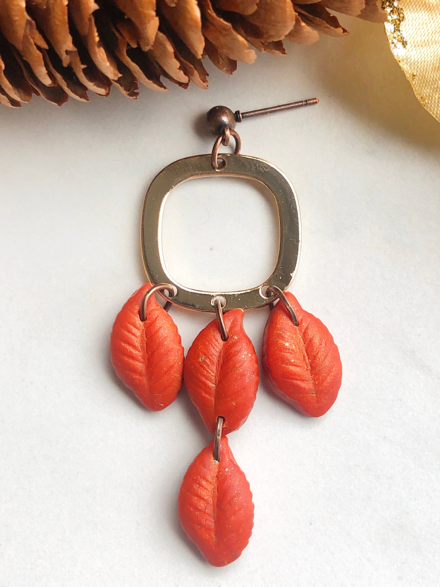 Earrings Saffron - Gold Square with Orange Leave Dangle Earrings