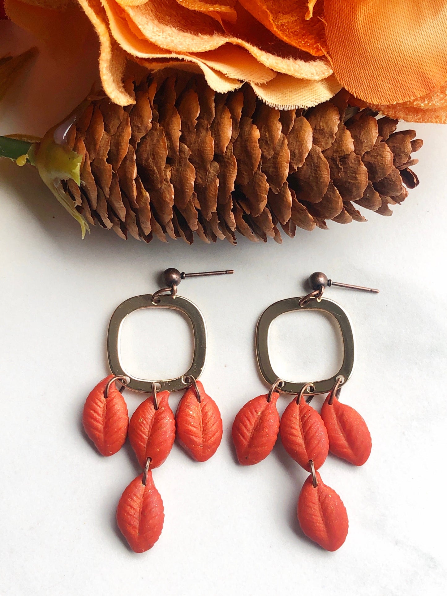 Earrings Saffron - Gold Square with Orange Leave Dangle Earrings