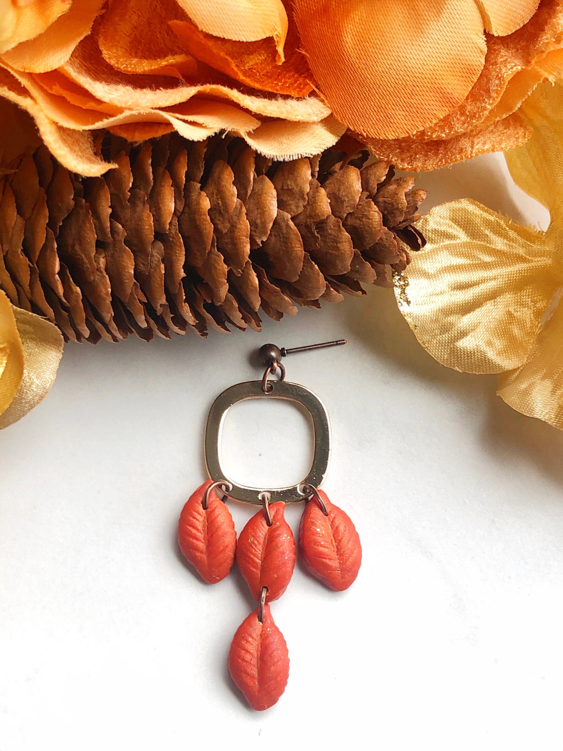 Earrings Saffron - Gold Square with Orange Leave Dangle Earrings