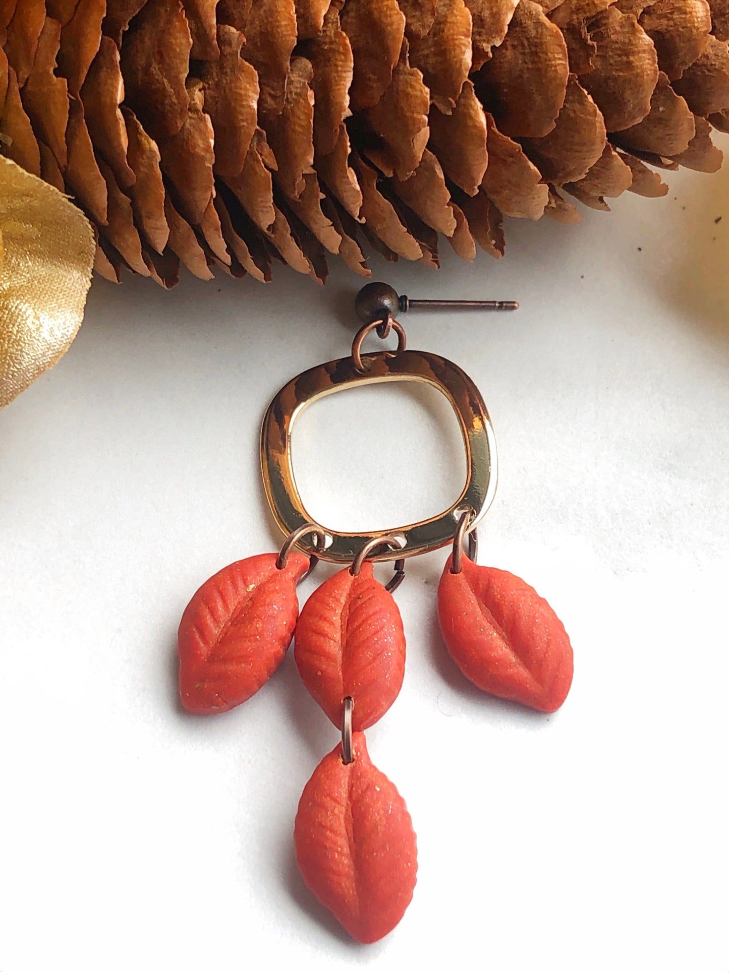 Earrings Saffron - Gold Square with Orange Leave Dangle Earrings