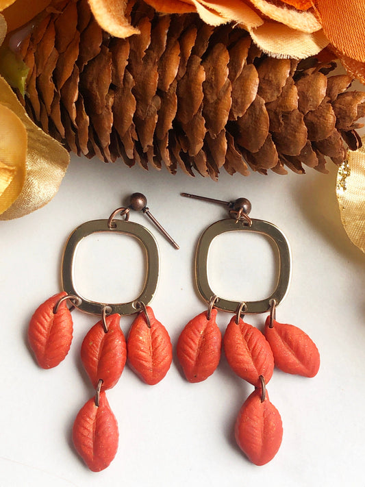 Earrings Saffron - Gold Square with Orange Leave Dangle Earrings