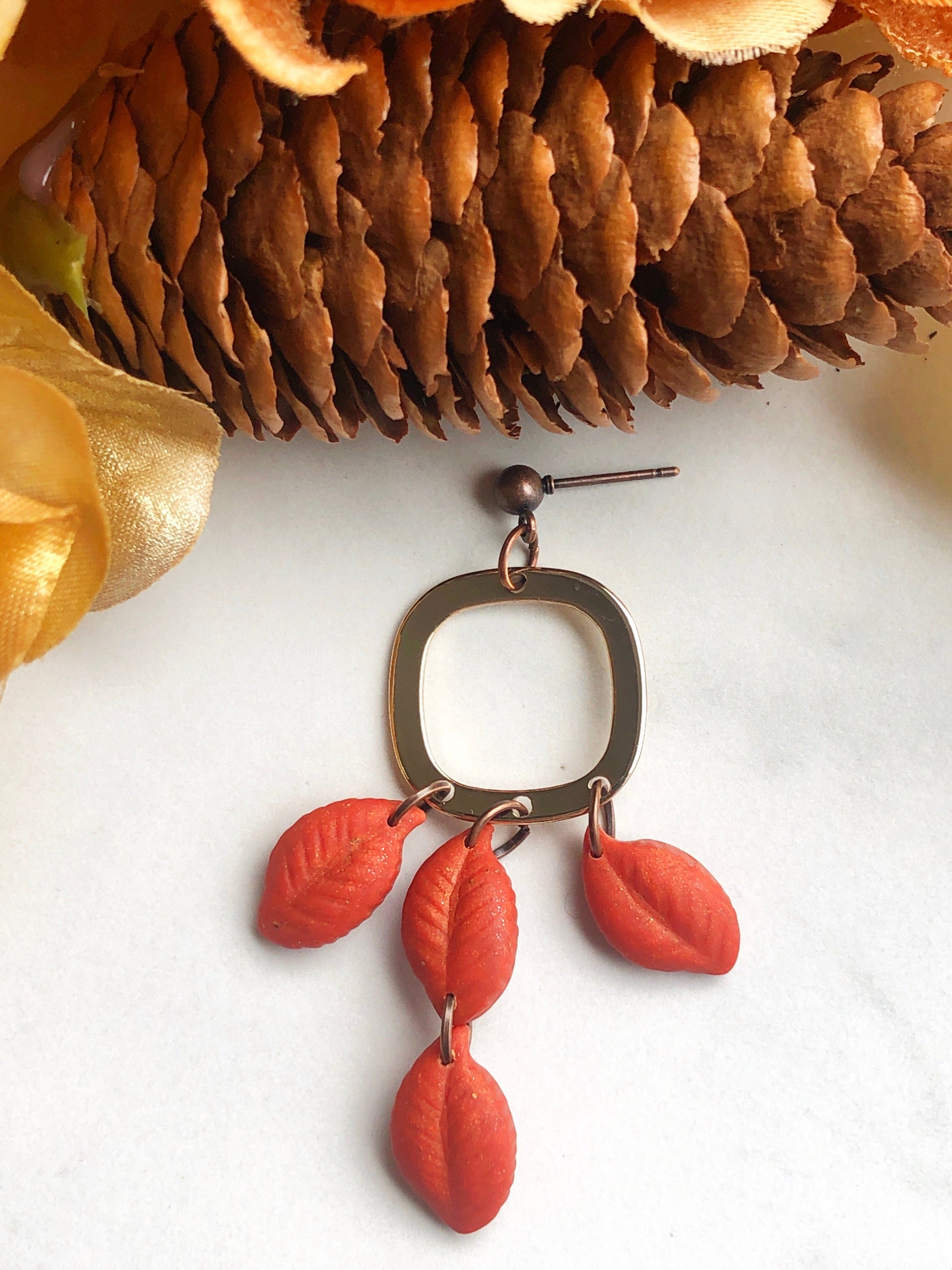 Earrings Saffron - Gold Square with Orange Leave Dangle Earrings