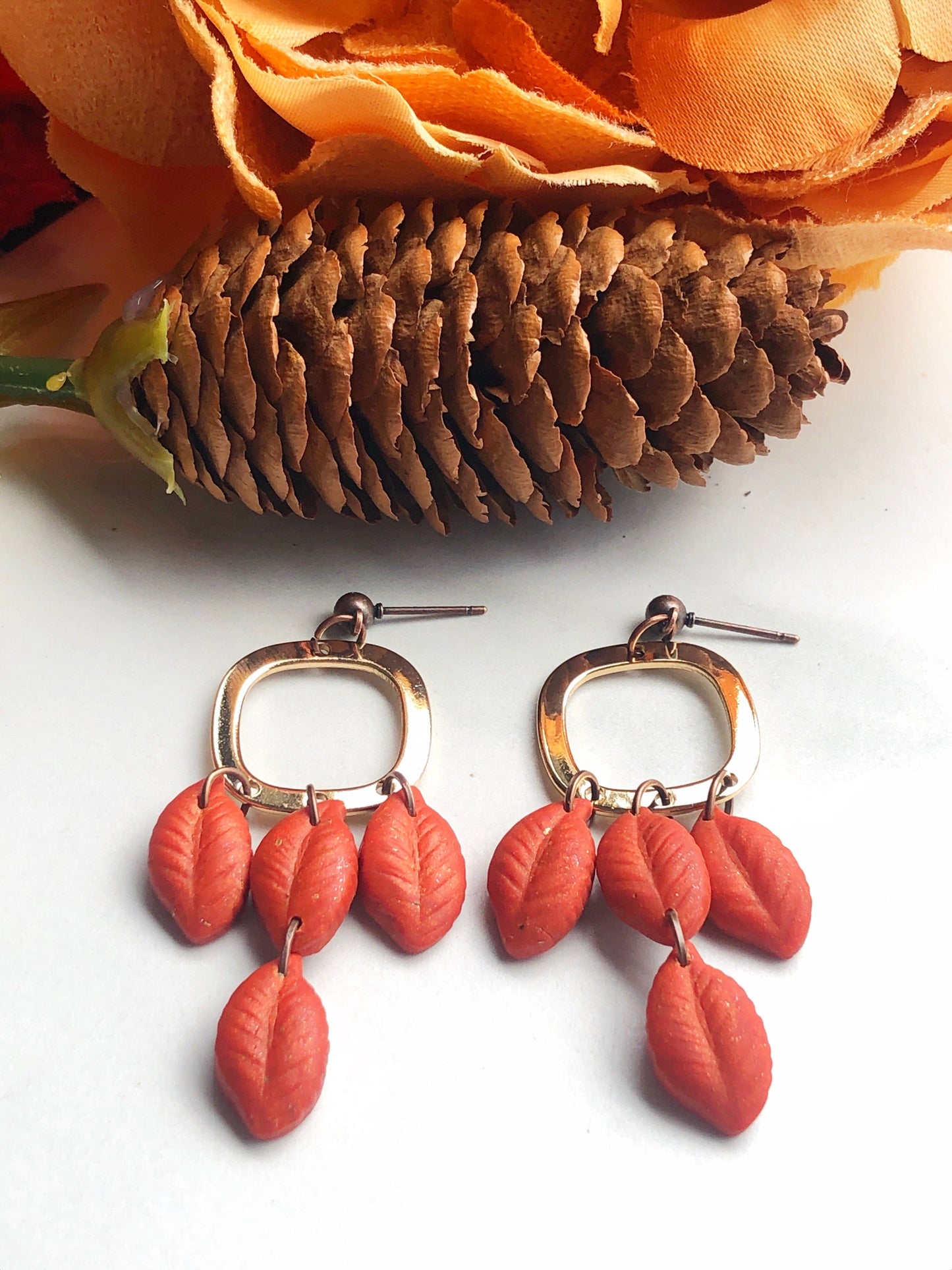 Earrings Saffron - Gold Square with Orange Leave Dangle Earrings