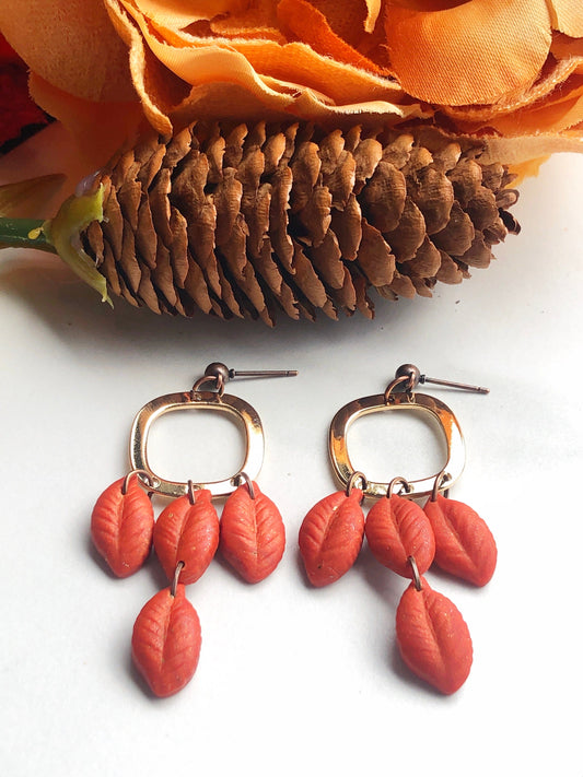 Earrings Saffron - Gold Square with Orange Leave Dangle Earrings