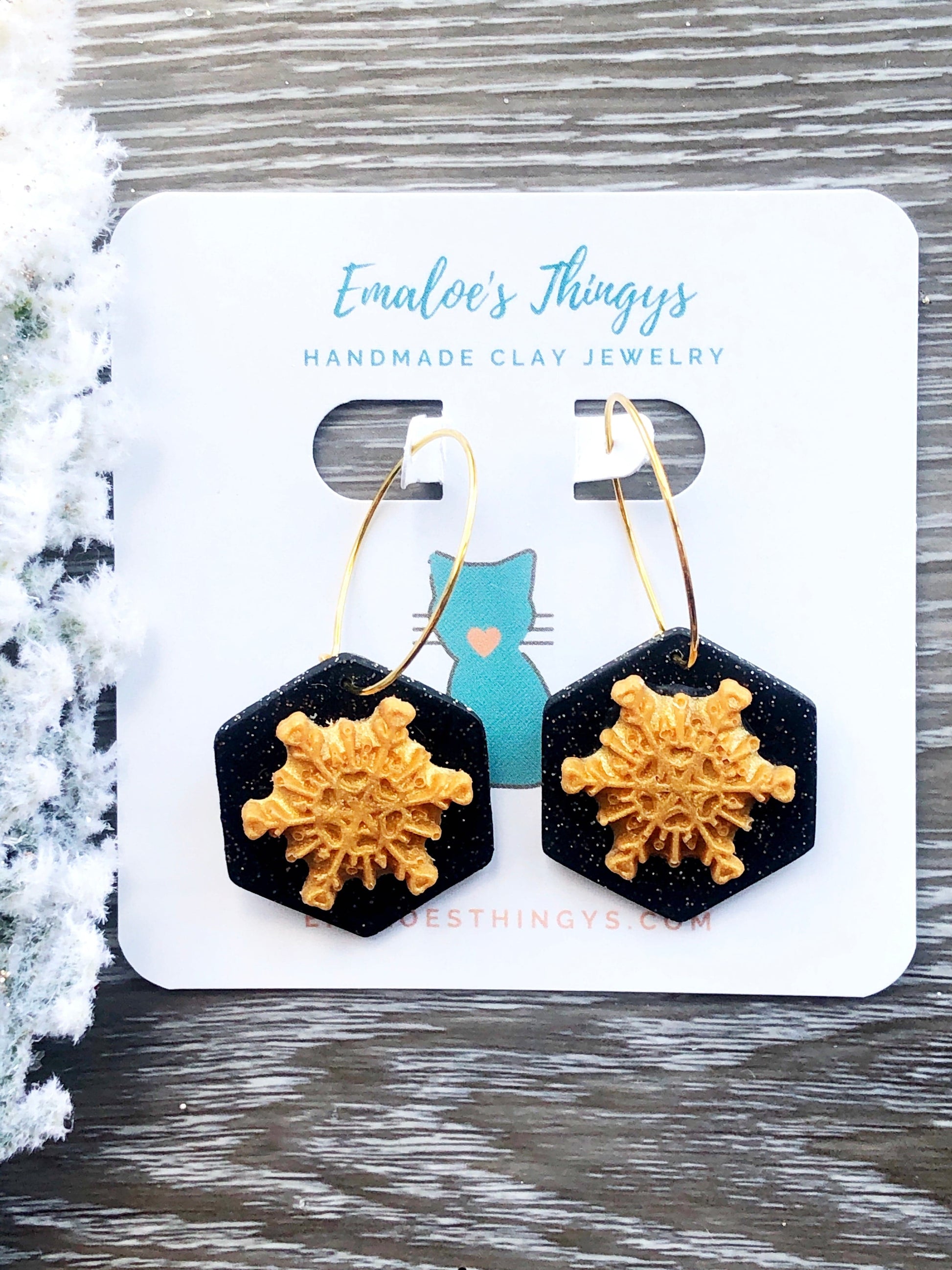Earrings Thea - Black Octagon with Gold Snowflake Hoop Earrings