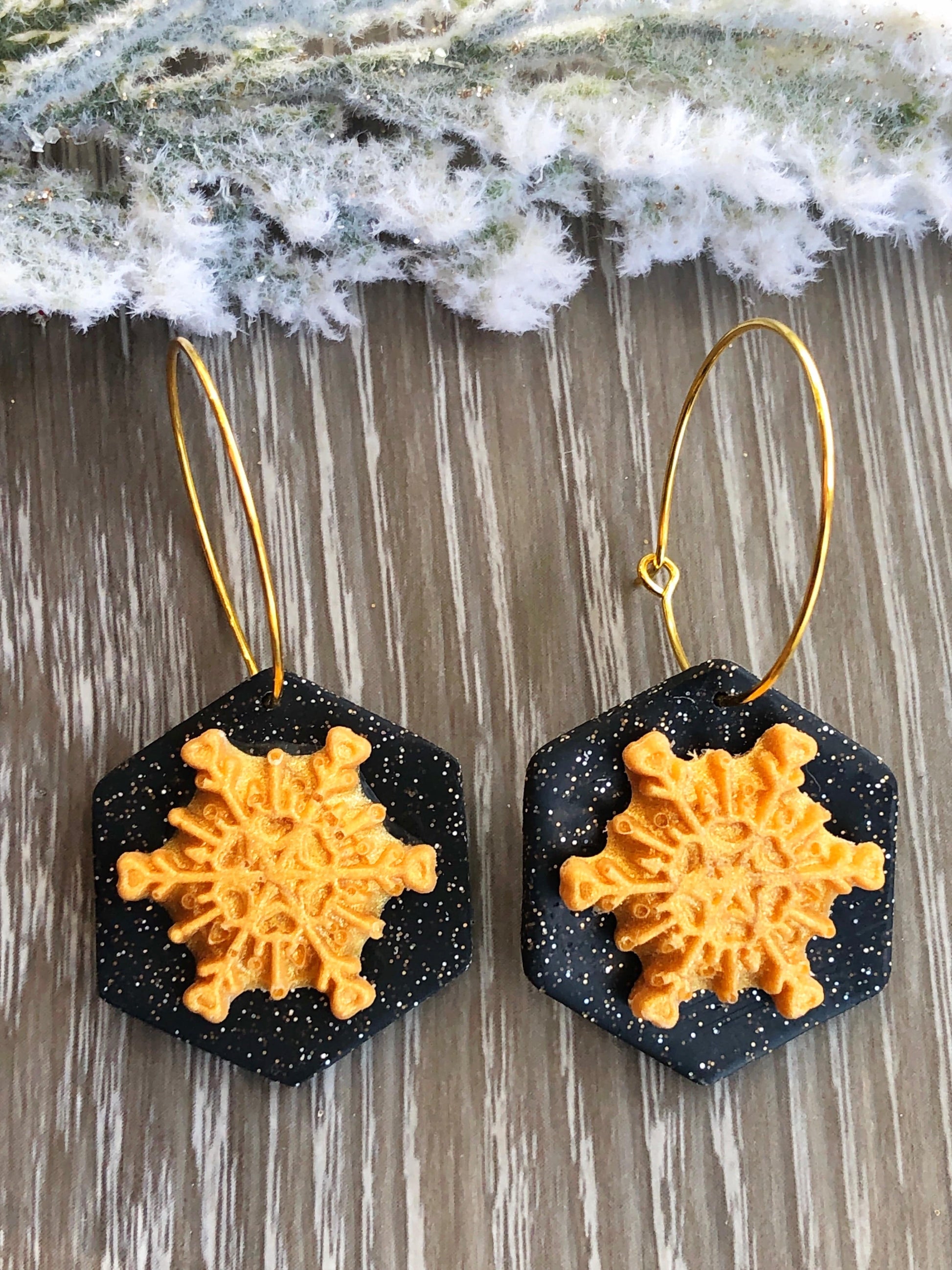 Earrings Thea - Black Octagon with Gold Snowflake Hoop Earrings