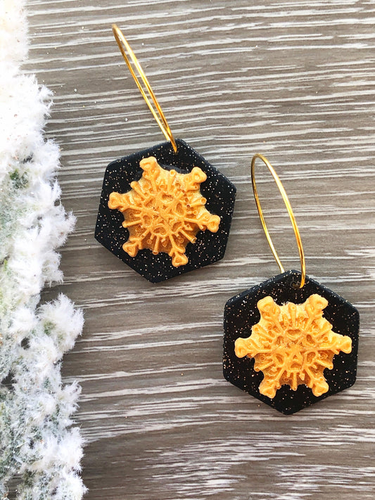 Earrings Thea - Black Octagon with Gold Snowflake Hoop Earrings