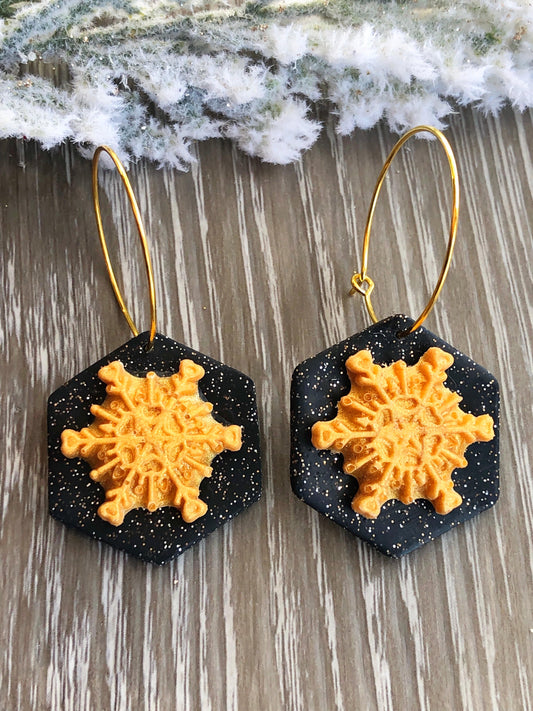 Earrings Thea - Black Octagon with Gold Snowflake Hoop Earrings