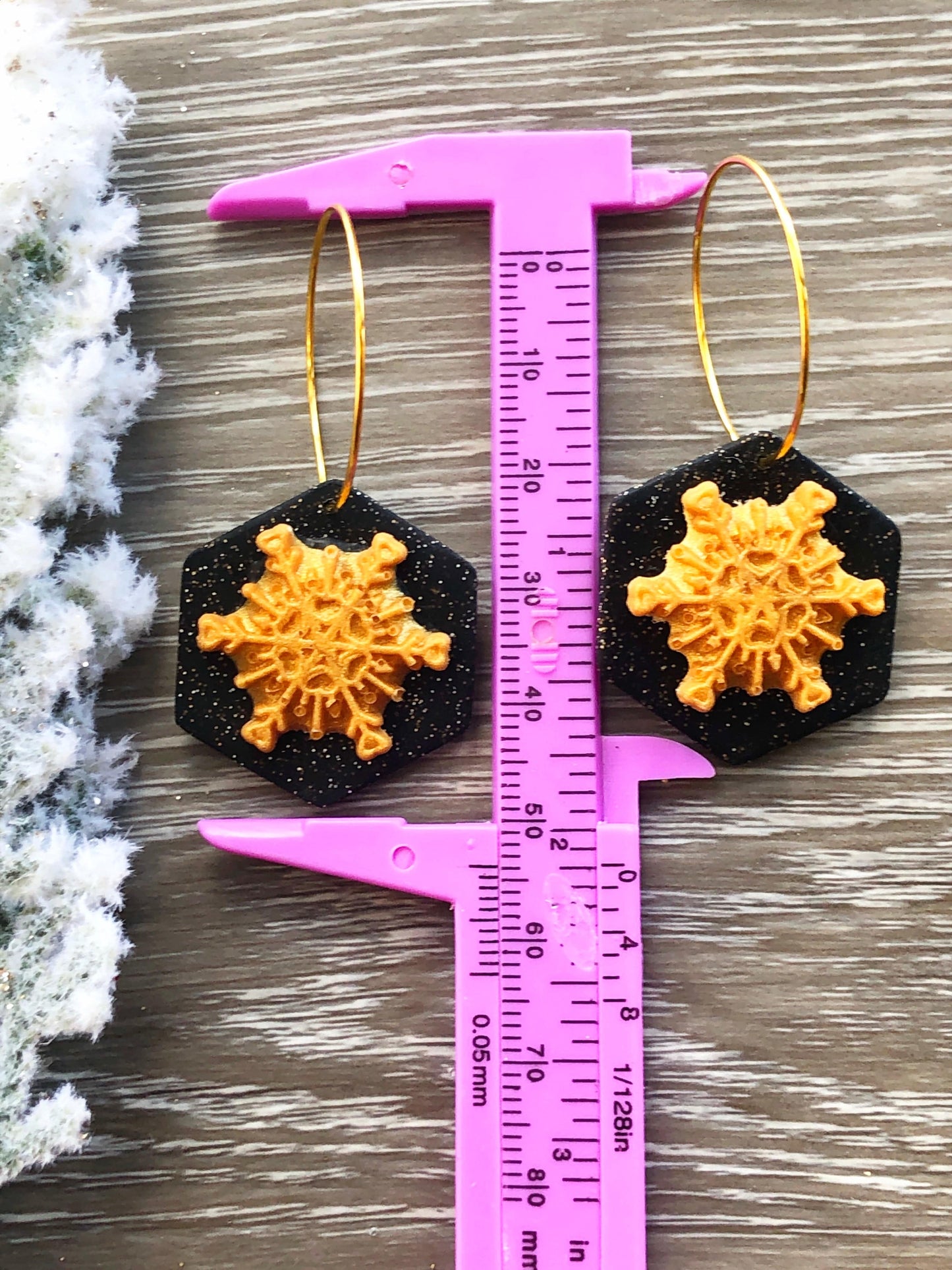 Earrings Thea - Black Octagon with Gold Snowflake Hoop Earrings
