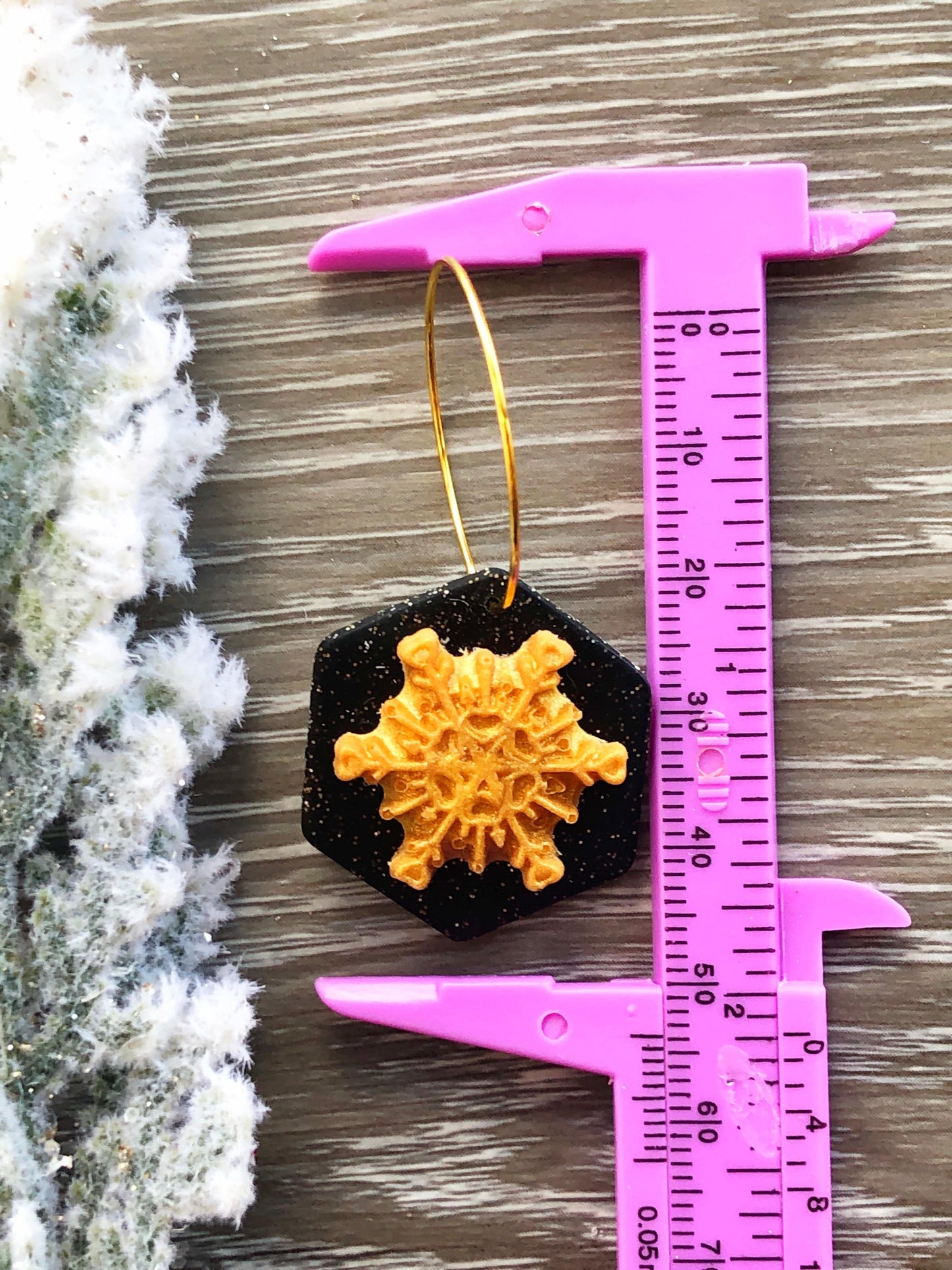 Earrings Thea - Black Octagon with Gold Snowflake Hoop Earrings