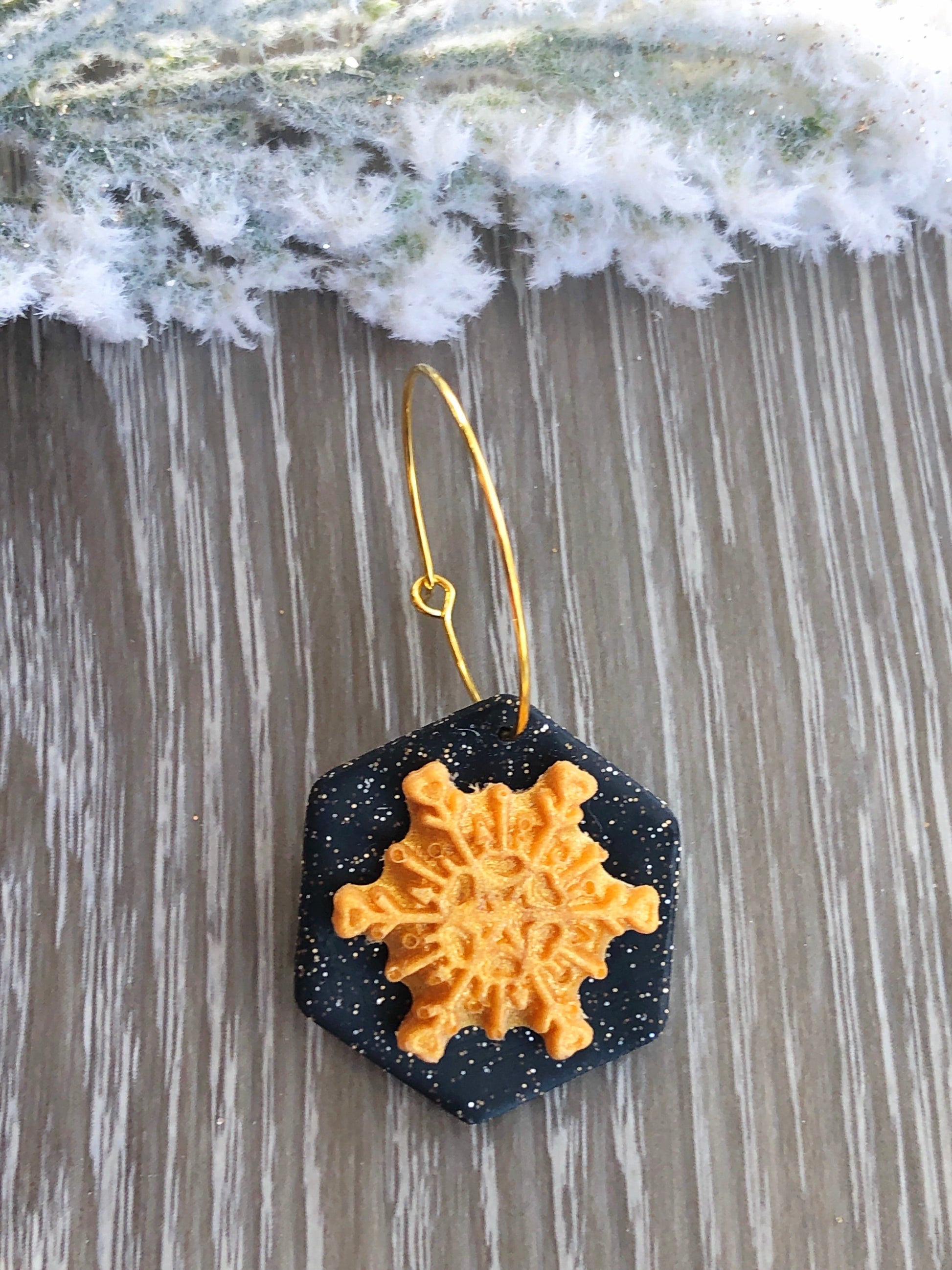 Earrings Thea - Black Octagon with Gold Snowflake Hoop Earrings