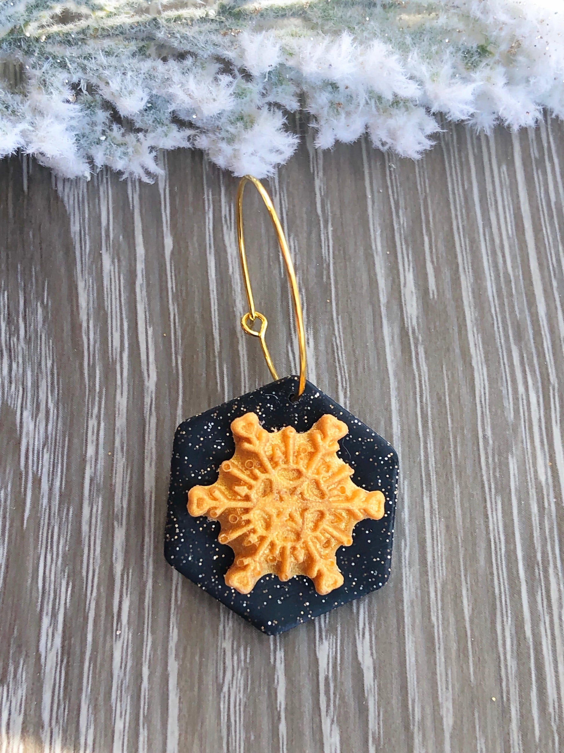 Earrings Thea - Black Octagon with Gold Snowflake Hoop Earrings