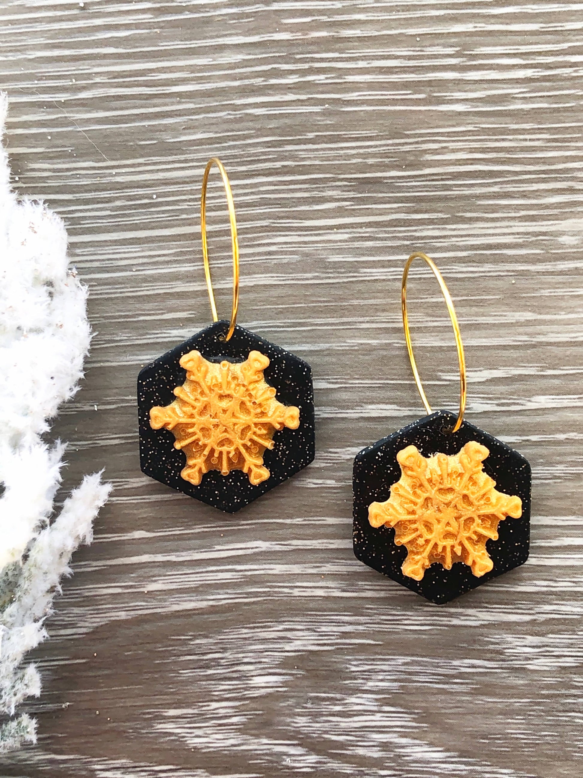 Earrings Thea - Black Octagon with Gold Snowflake Hoop Earrings