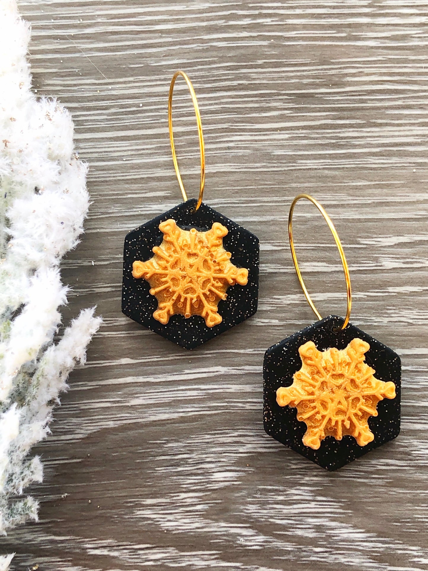 Earrings Thea - Black Octagon with Gold Snowflake Hoop Earrings